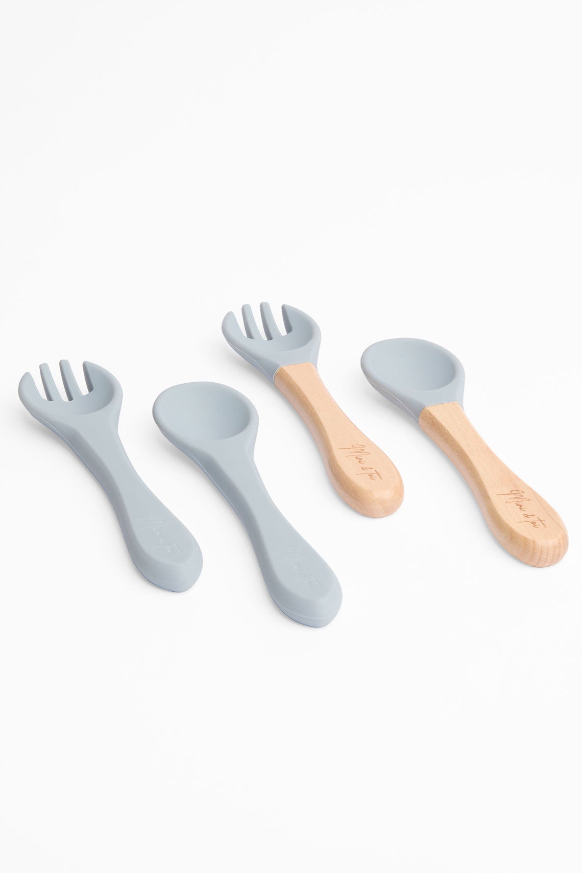 Cuillère et fourchette en bois naturel - Bébé garçon && BLEU