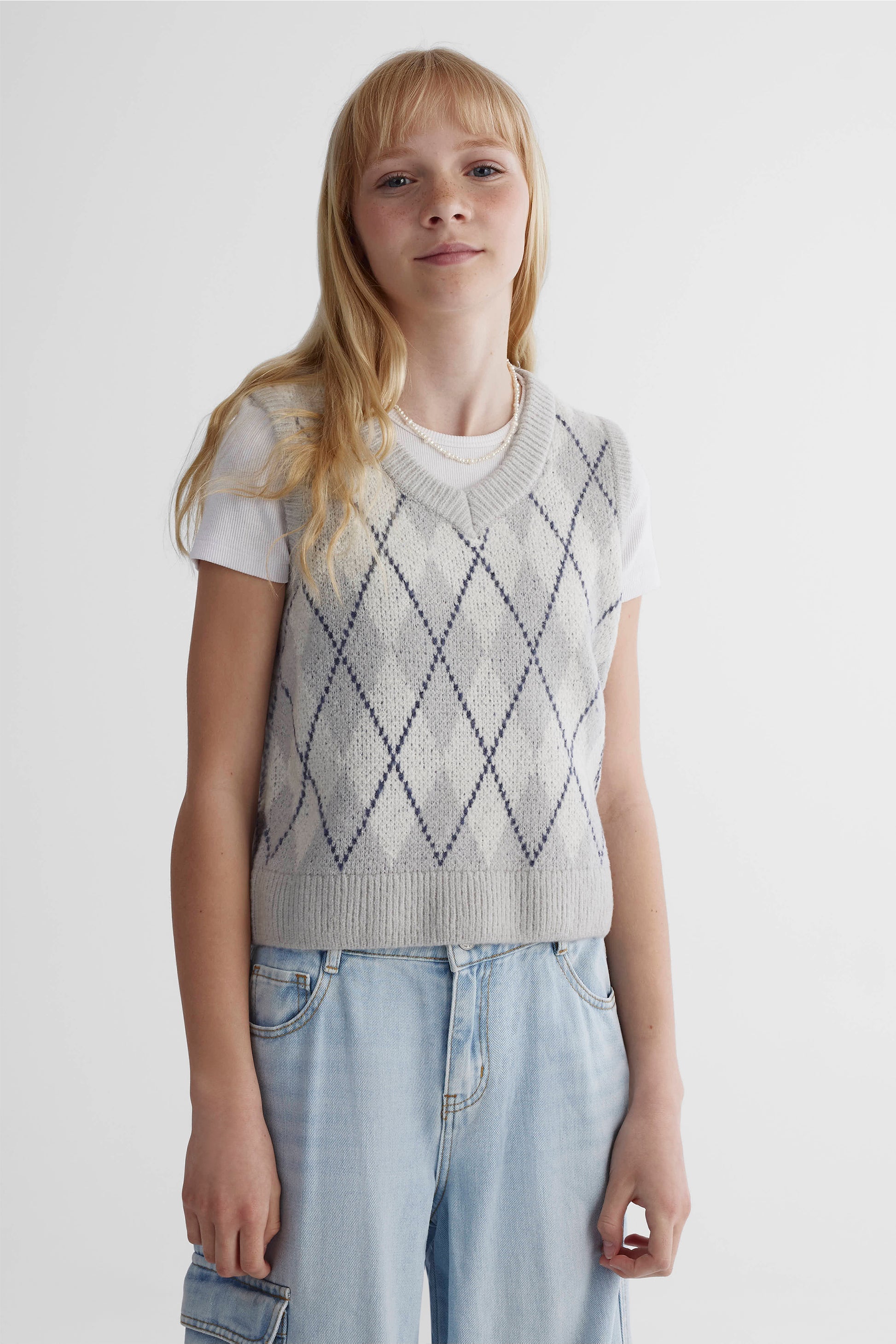 Débardeur tricot col en V à motif - Ado fille && GRIS MIXTE