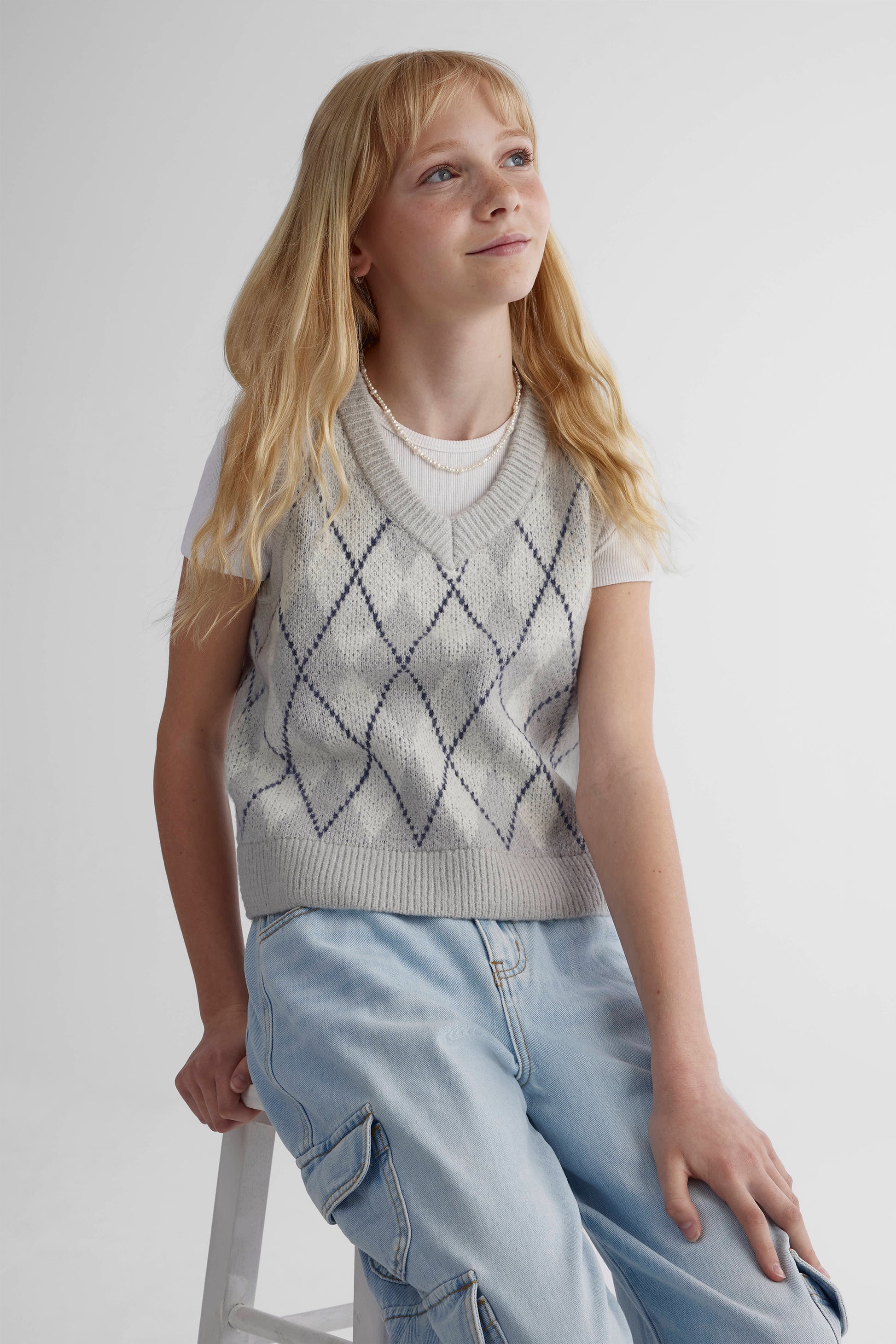 Débardeur tricot col en V à motif - Ado fille && GRIS MIXTE