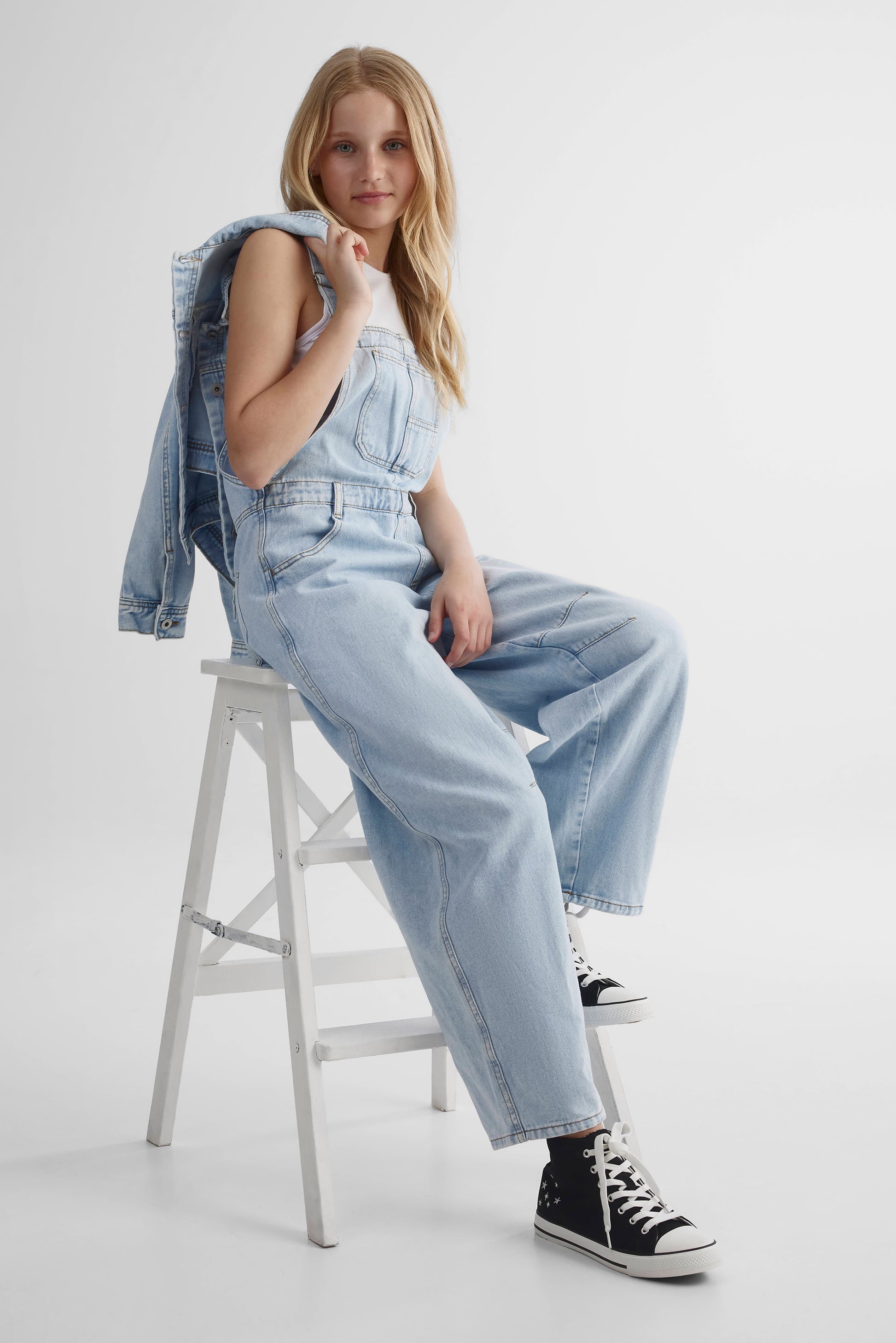Salopette en denim solide - Ado fille && DENIM PALE