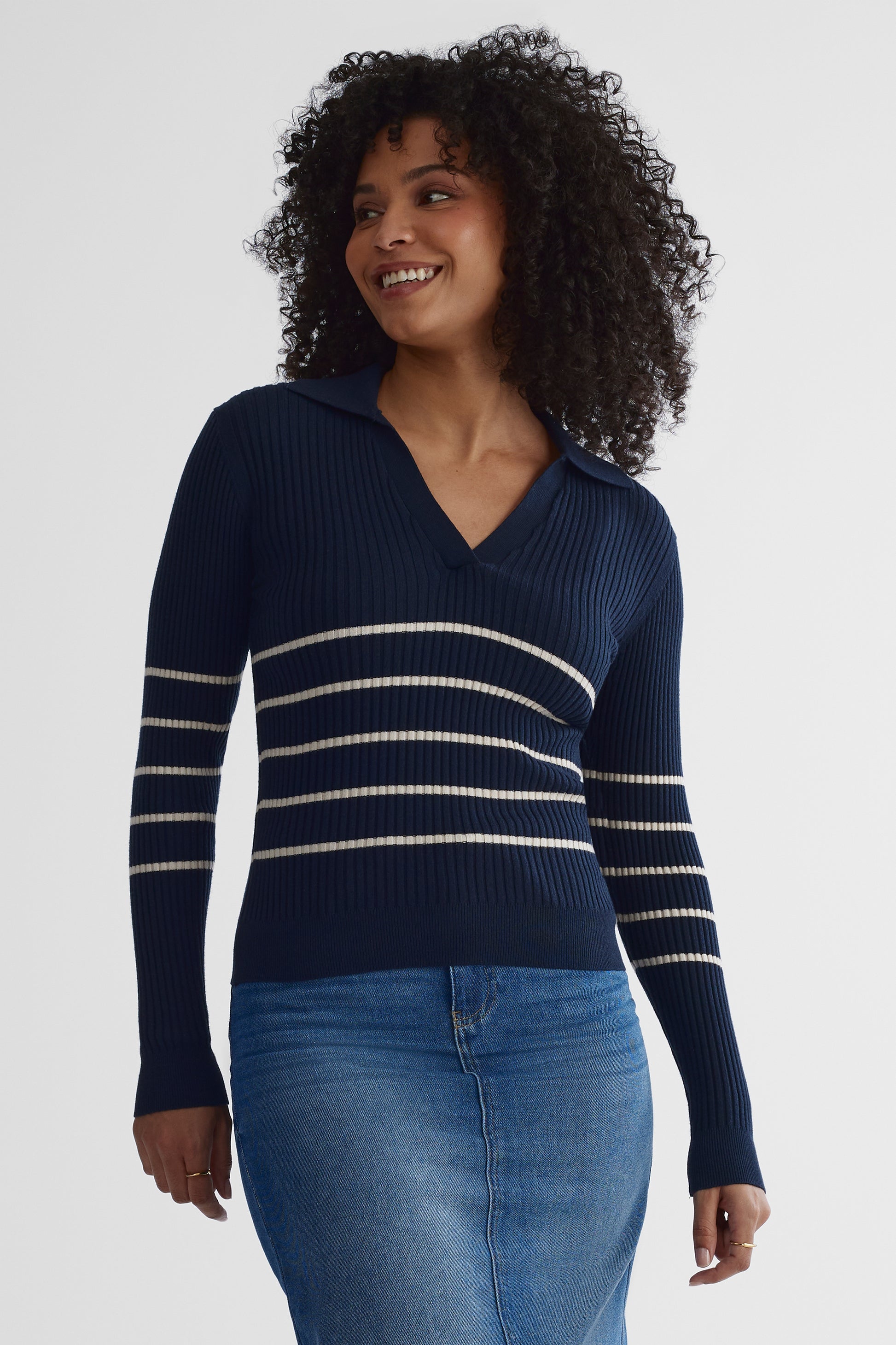 Chandail tricoté soyeux - Femme && MARIN/MULTI