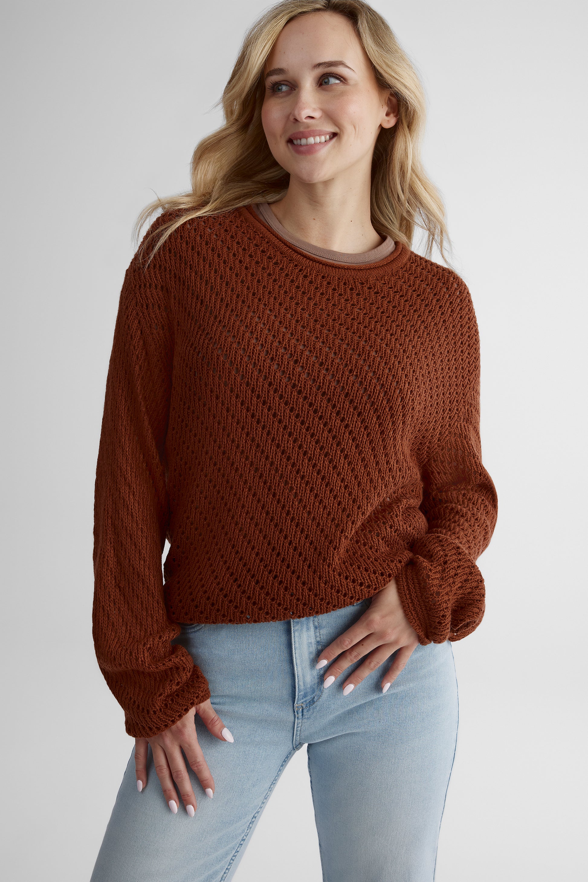 Chandail tricoté effet coton - Femme && BRUN