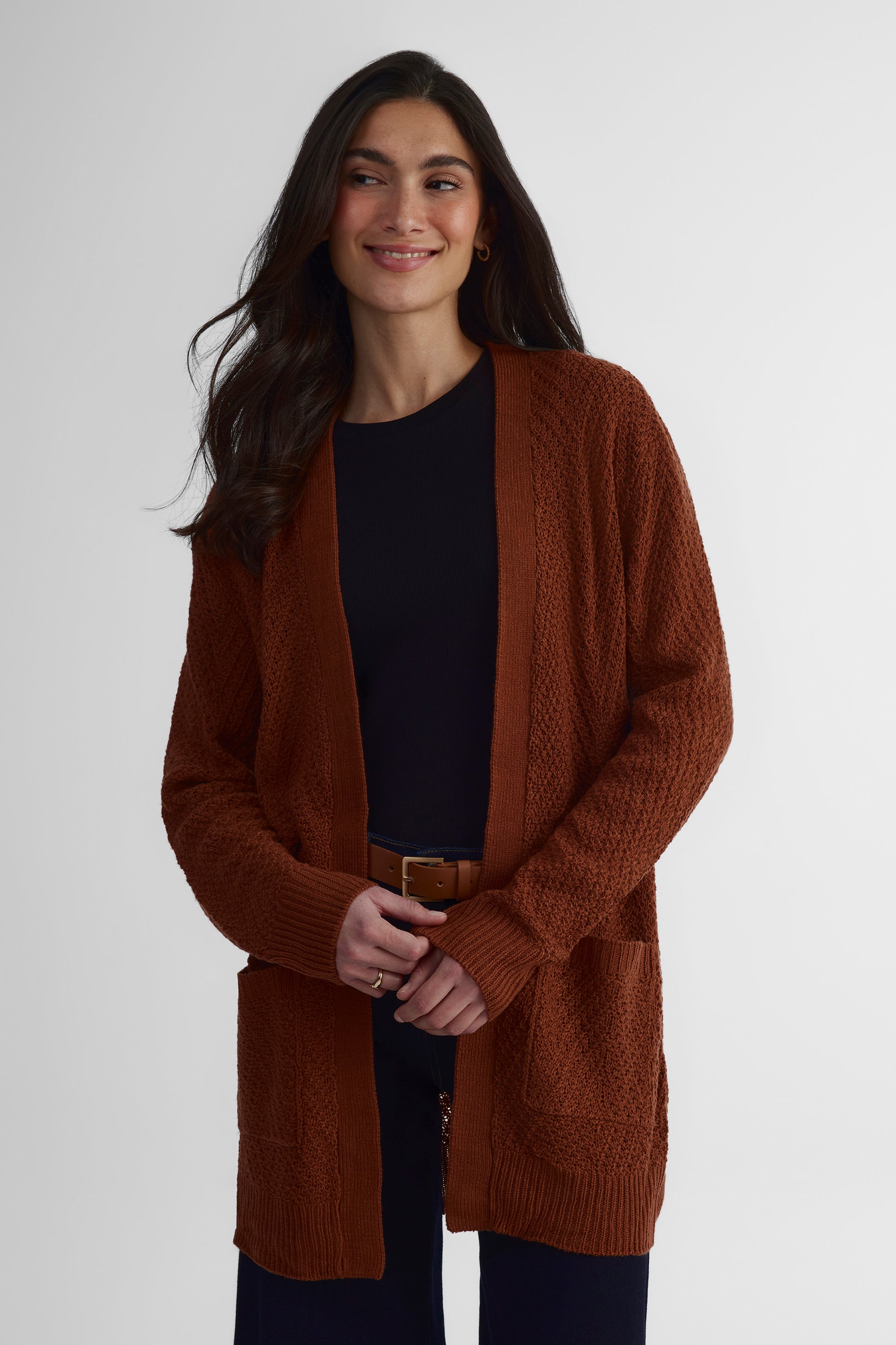 Cardigan léger effet coton - Femme && BRUN