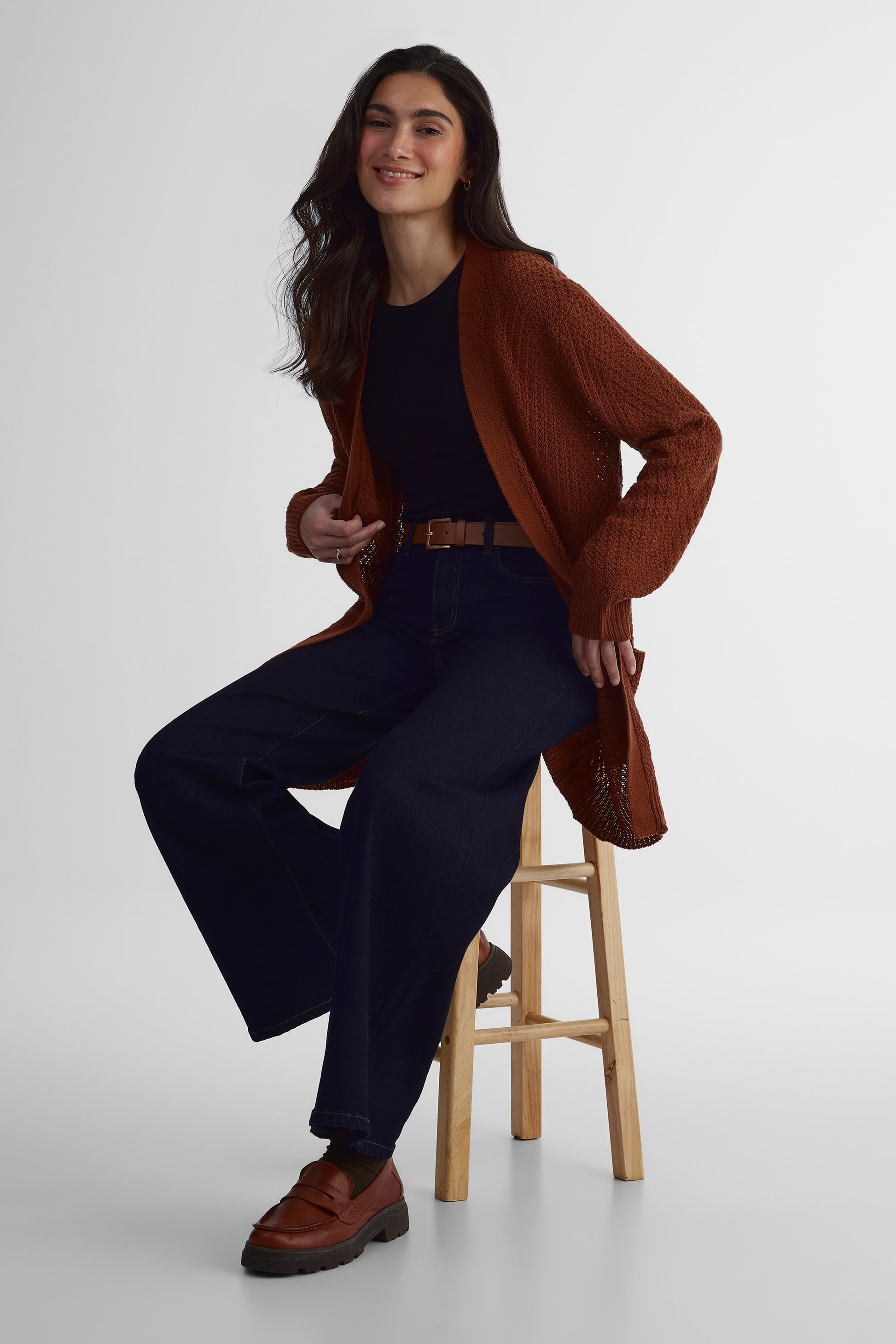Cardigan léger effet coton - Femme && BRUN