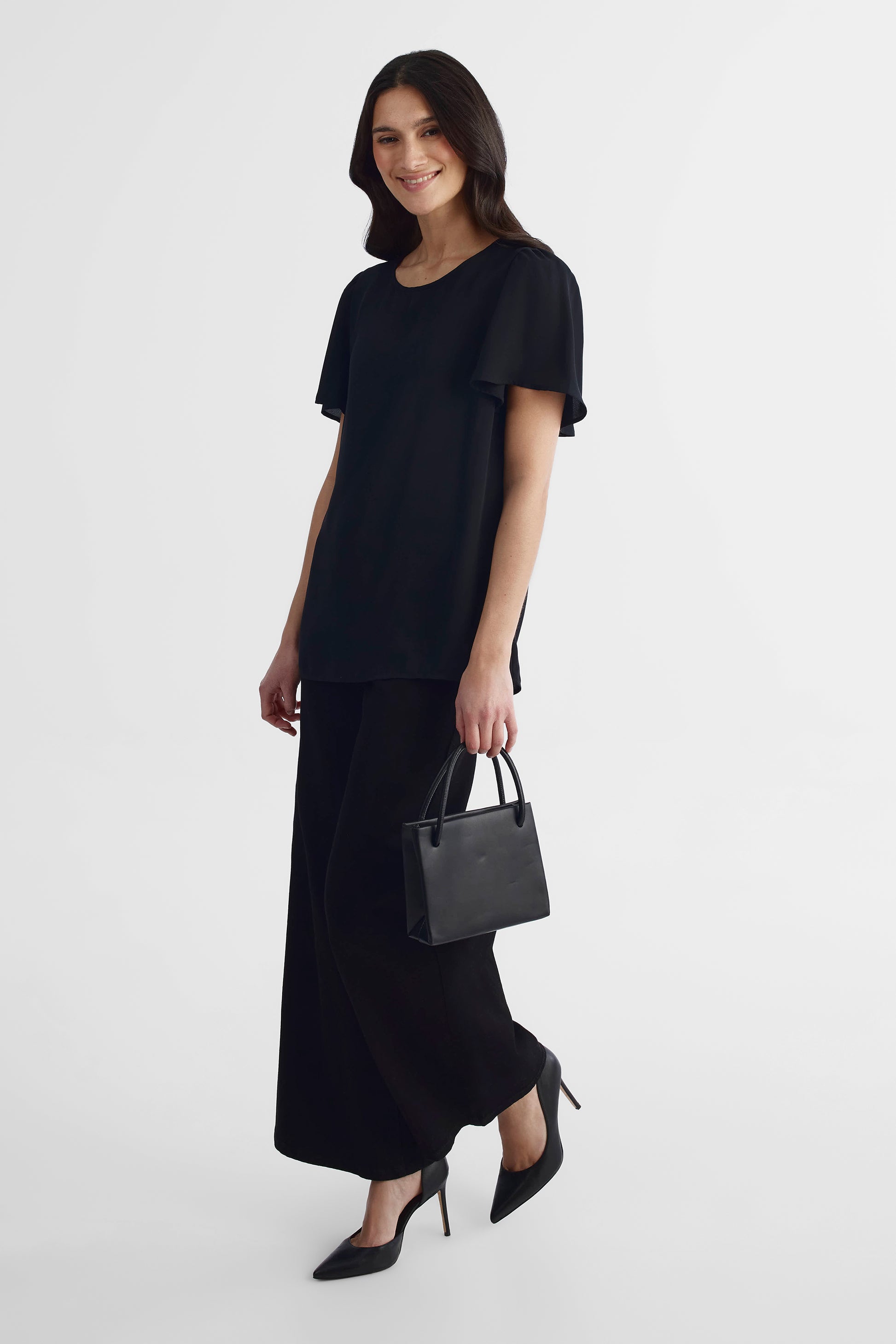 Blouse à manches courtes en georgette - Femme && NOIR