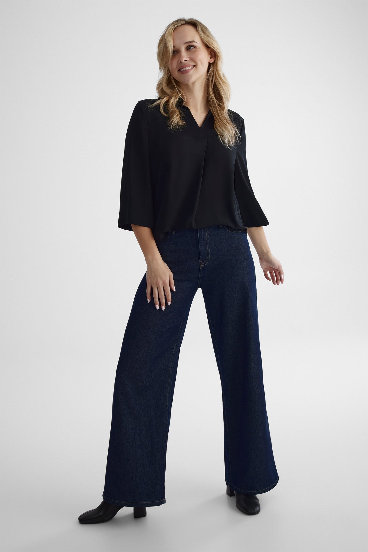 Chemisier manches 3/4 en georgette - Femme && NOIR