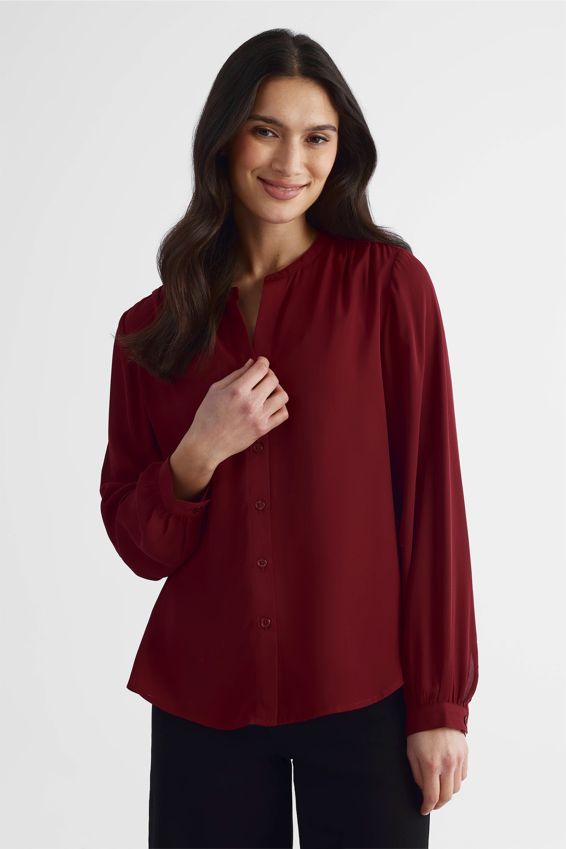 Blouse à manches longues en georgette - Femme && ROUGE VIN