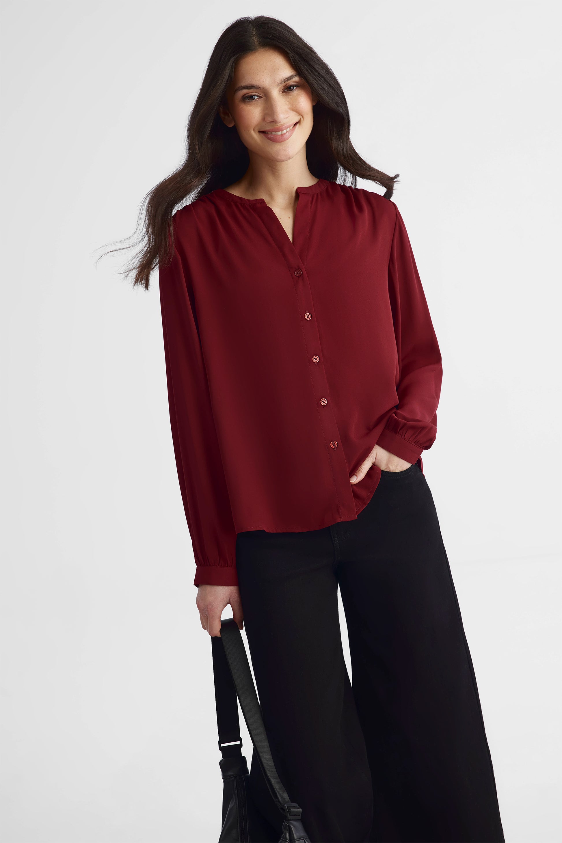 Blouse à manches longues en georgette - Femme && ROUGE VIN