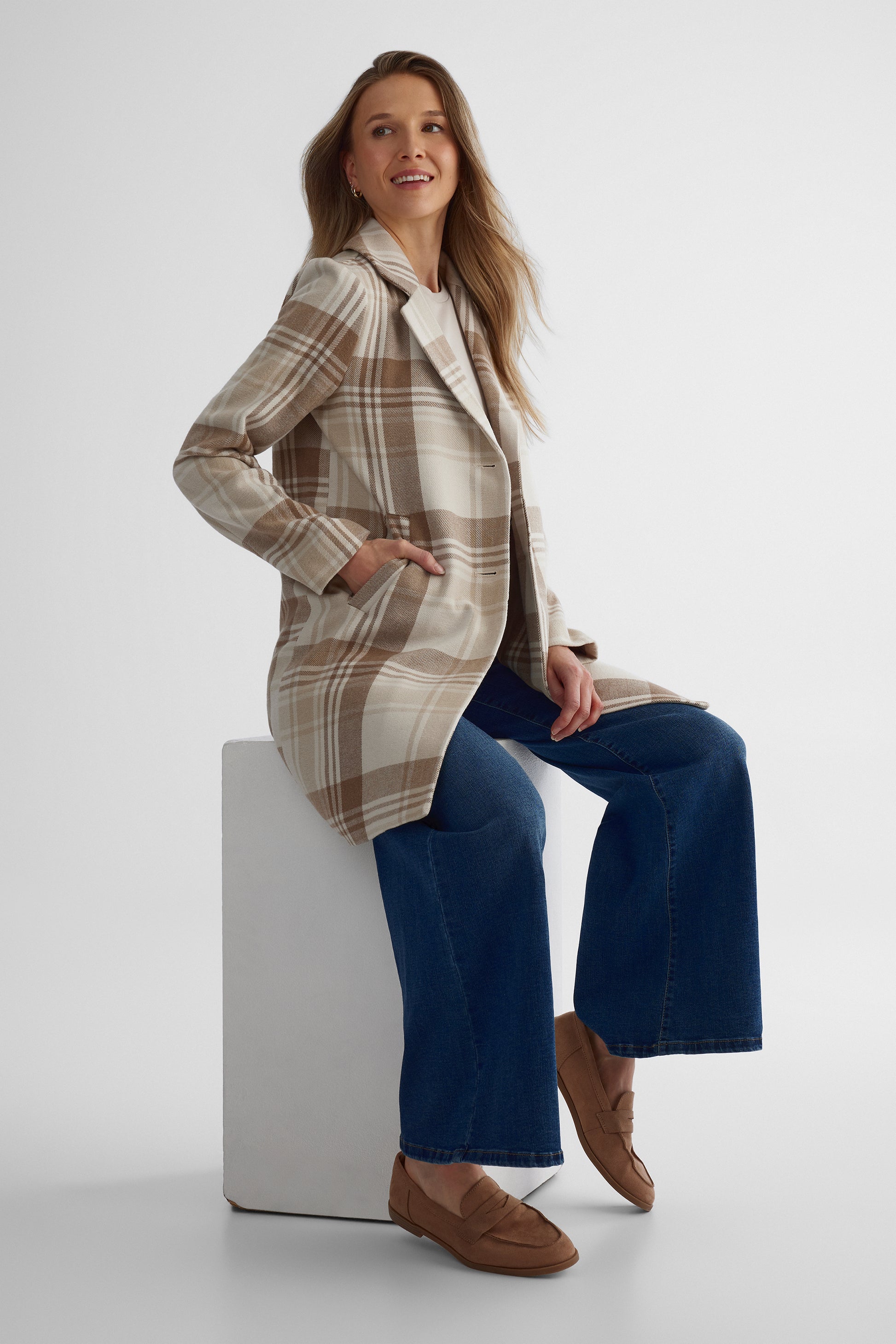 Manteau de ville TAG carreaux tissés - Femme && BLANC CASSÉ/MULTI