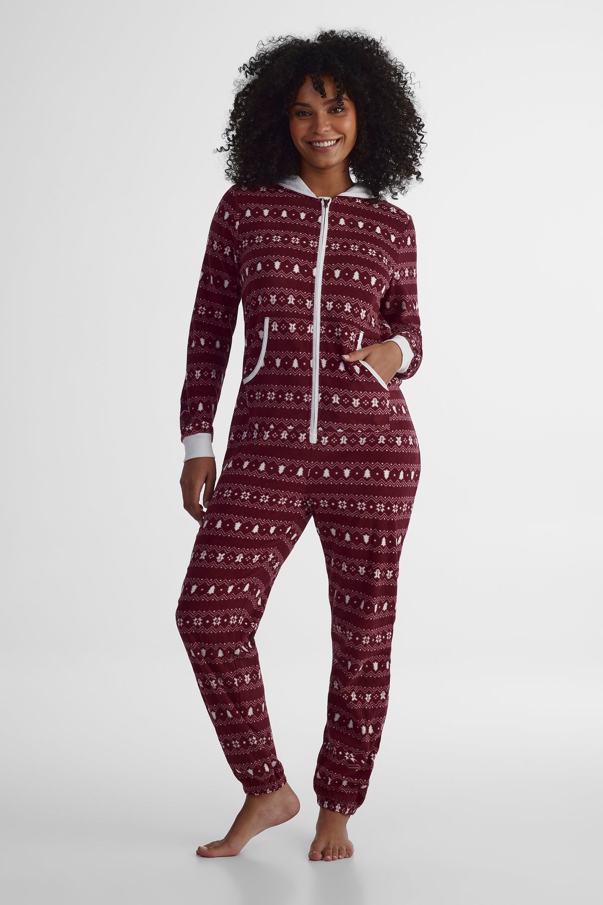 Pyjama une-pièce à capuchon - Femme && ROUGE VIN