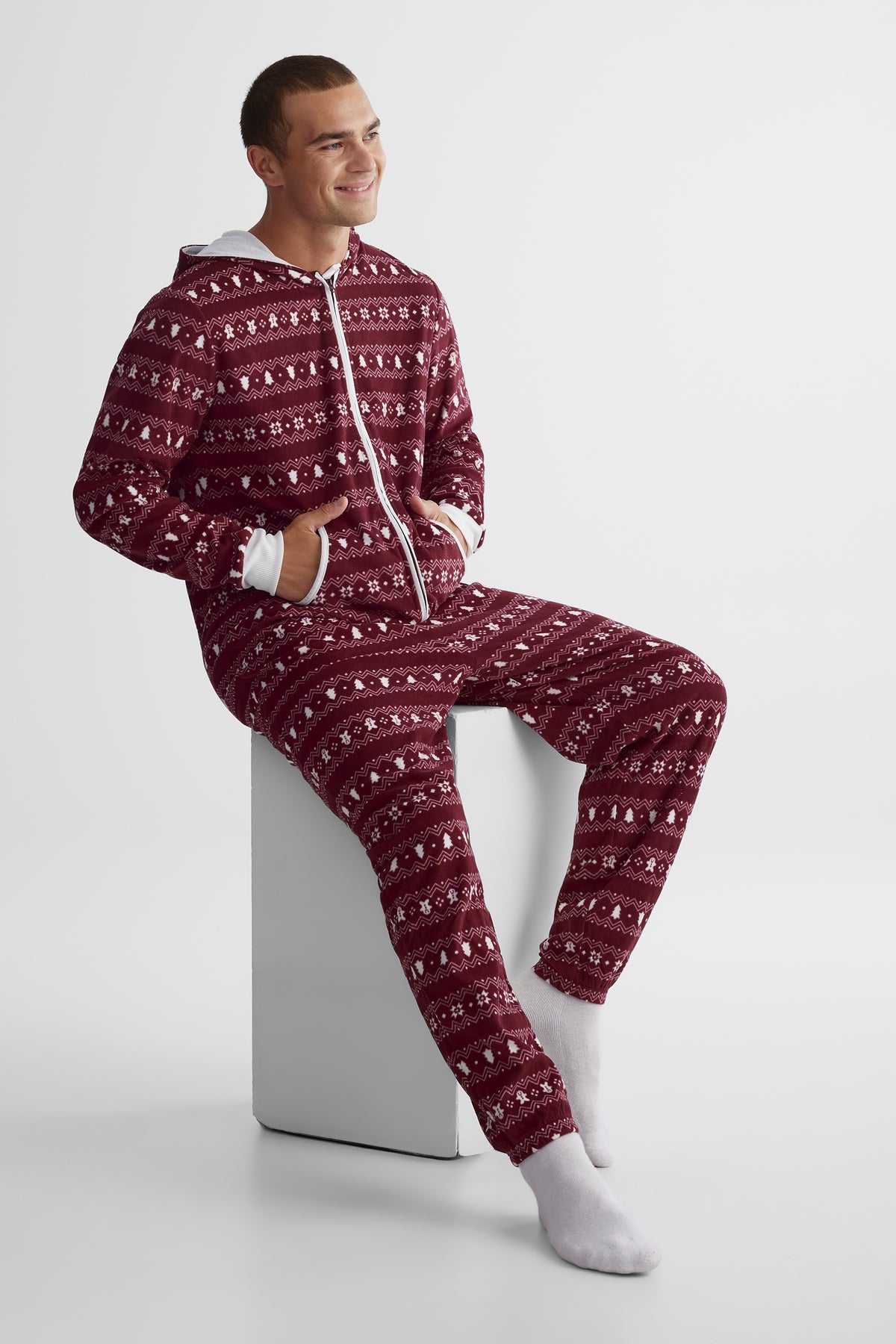 Pyjama une-pièce à capuchon - Homme && BOURGOGNE MULTI