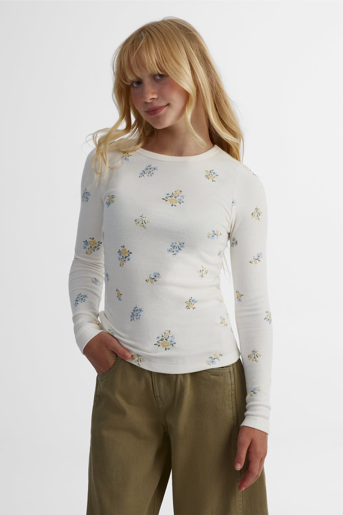Chandail léger côtelé - Ado fille && BLANC CASSÉ/MULTI