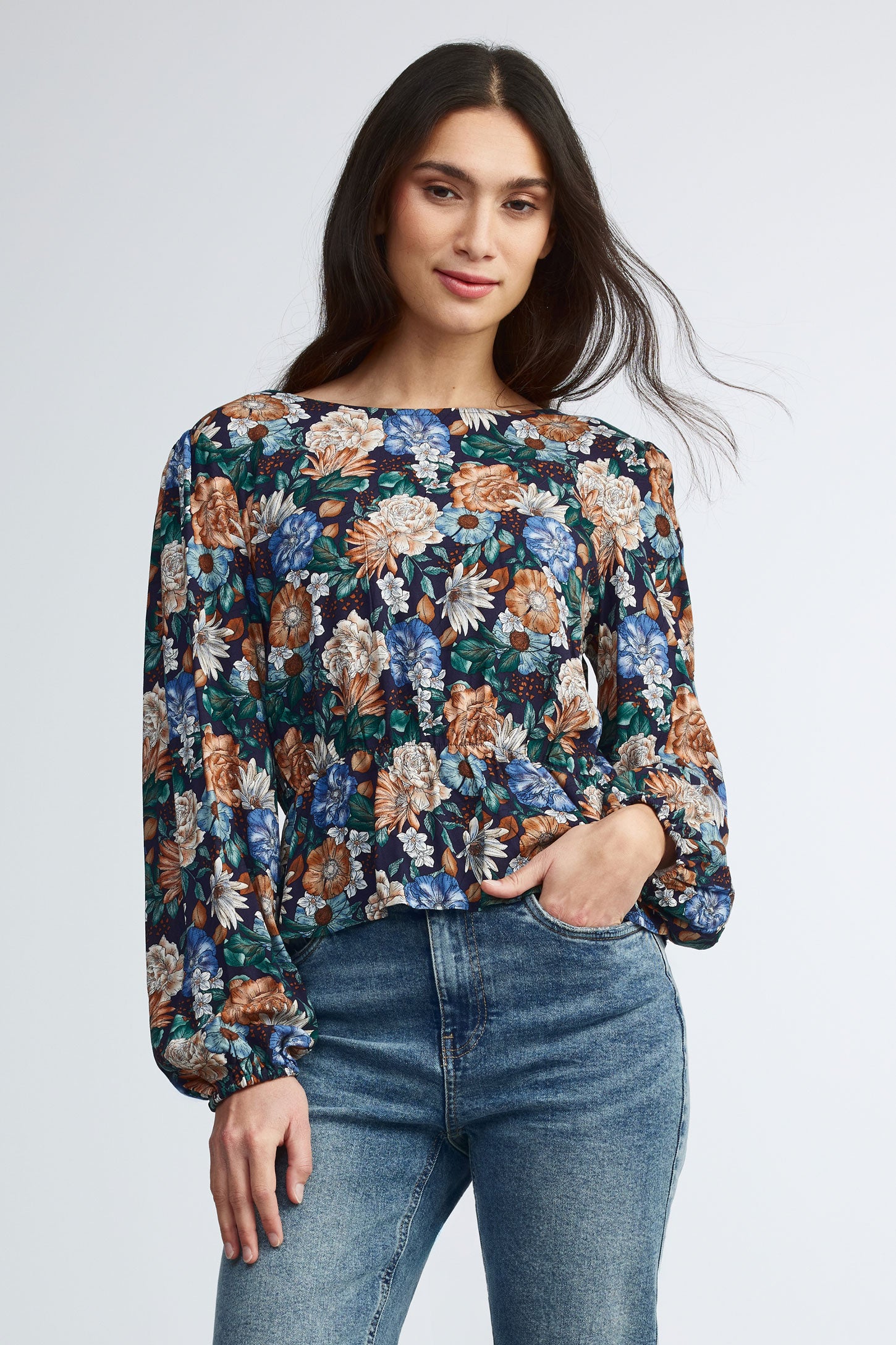 Chemisier manches longues imprimé floral - Femme && BLEU MARINE