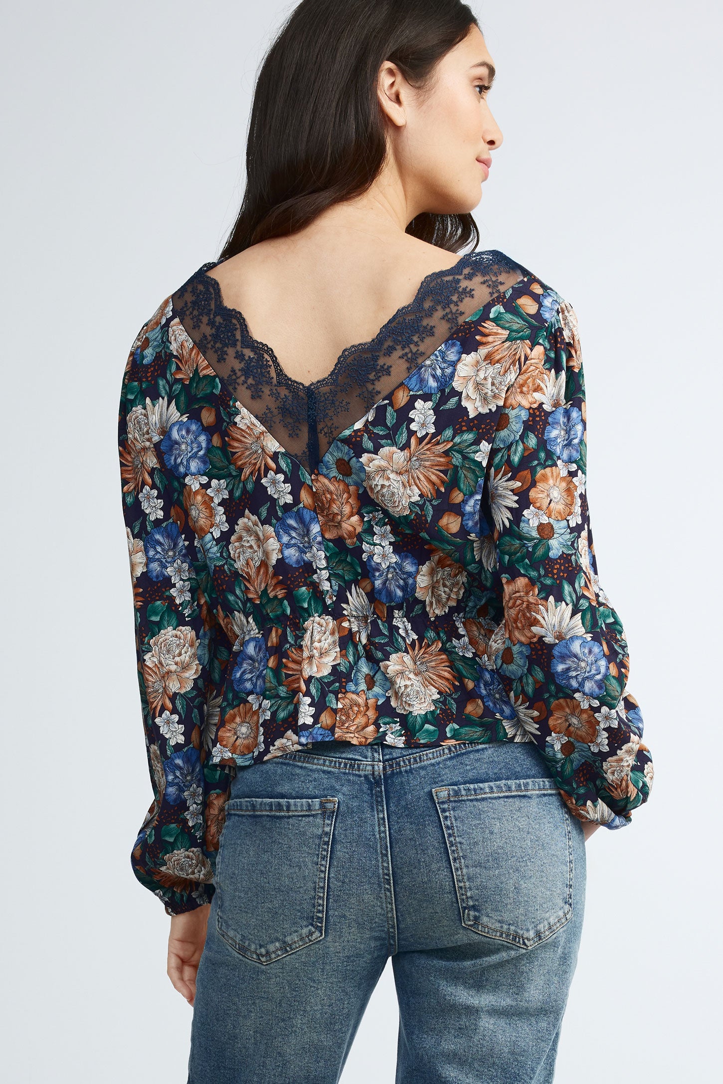 Chemisier manches longues imprimé floral - Femme && BLEU MARINE