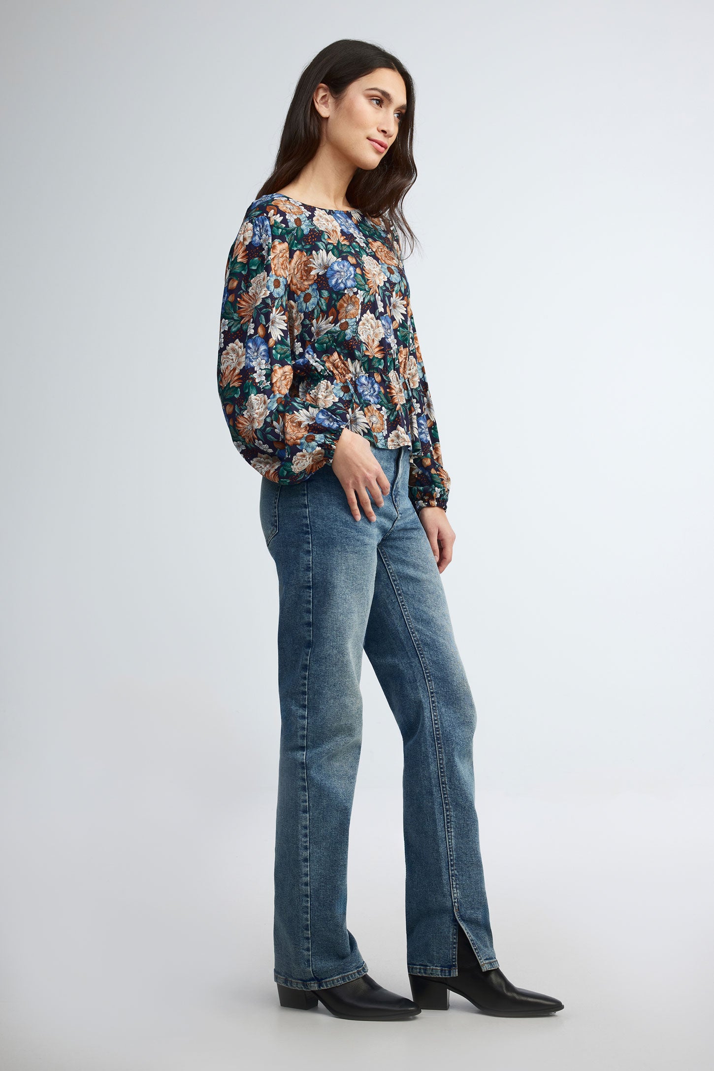 Chemisier manches longues imprimé floral - Femme && BLEU MARINE