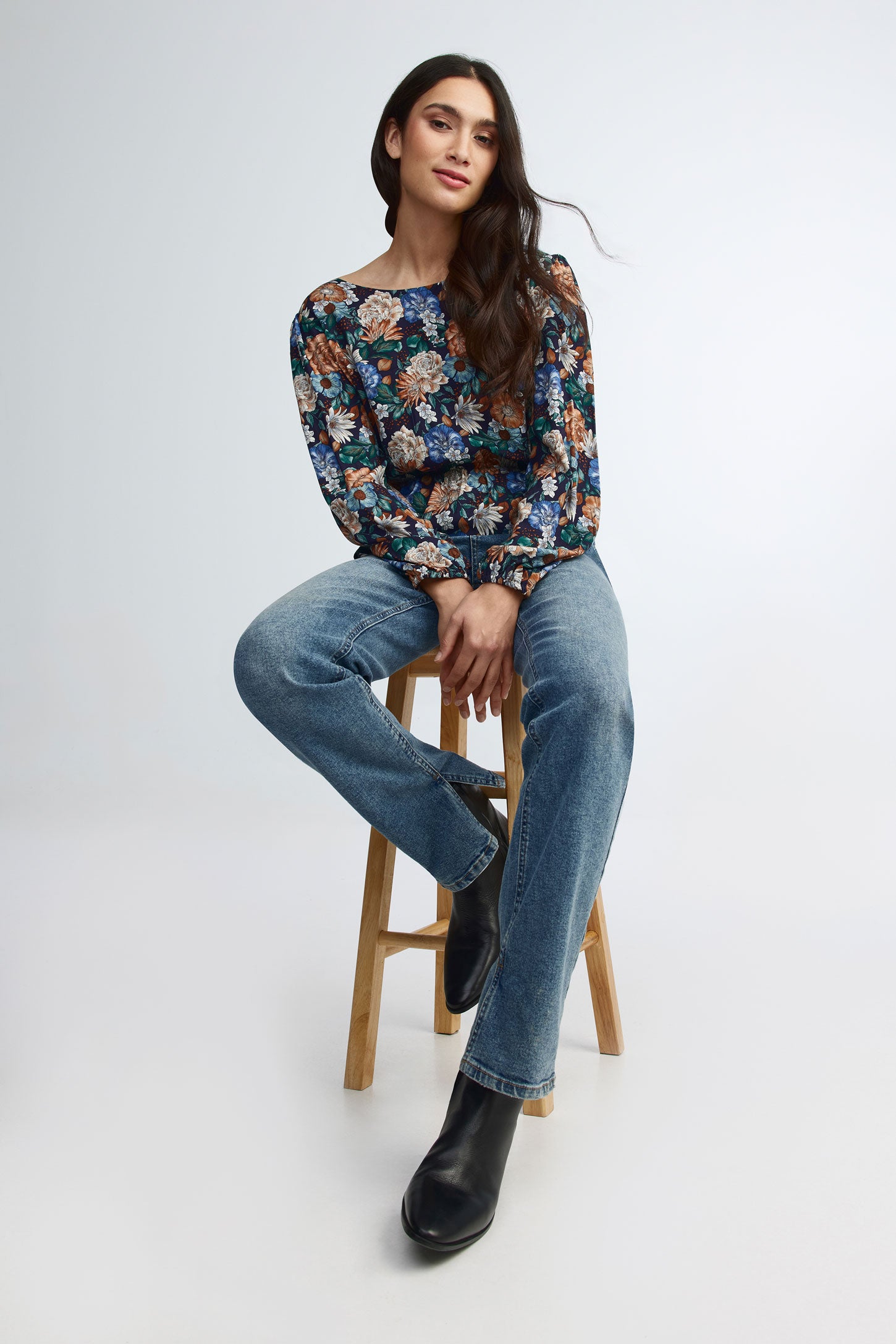 Chemisier manches longues imprimé floral - Femme && BLEU MARINE