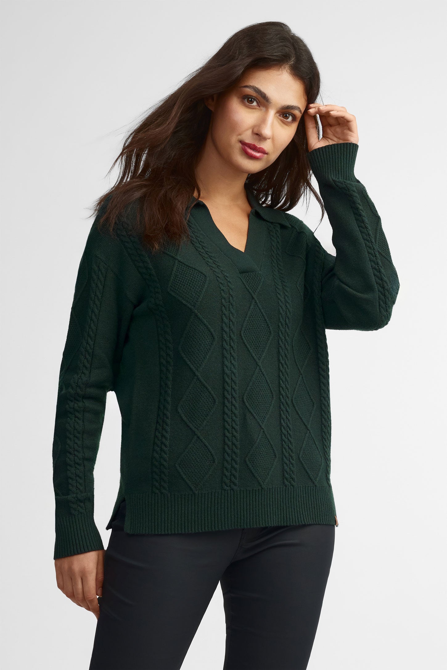 Chandail col Johnny en maille torsadée - Femme
 && VERT FONCE