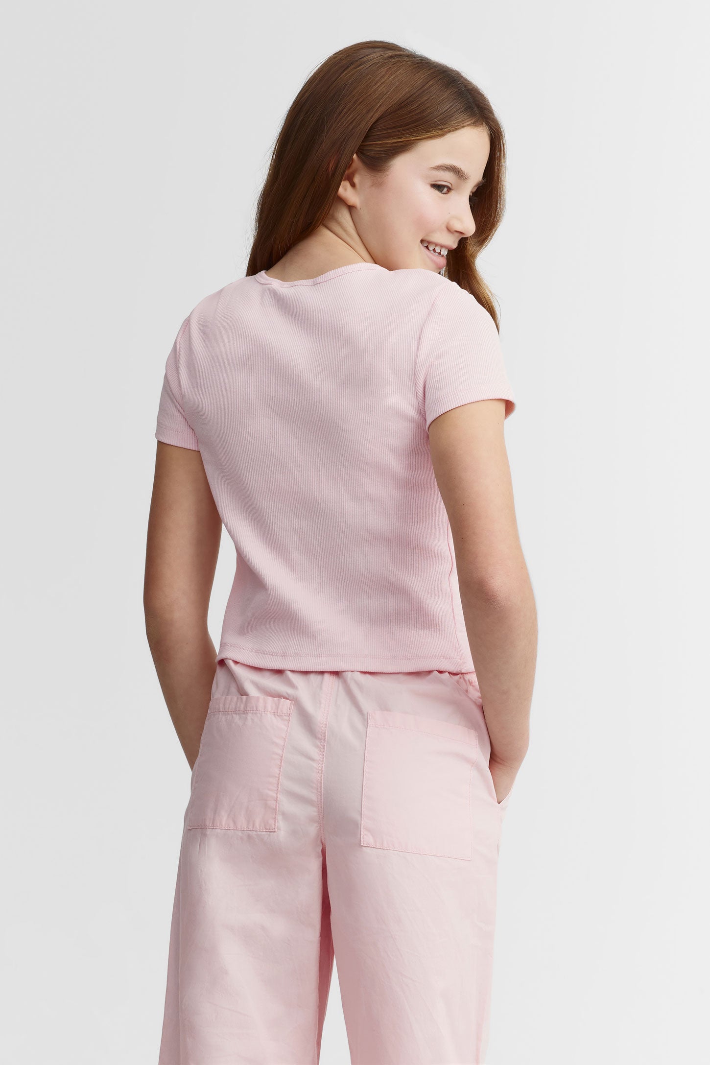 T-shirt côtelé col rond - Ado fille && BLANC