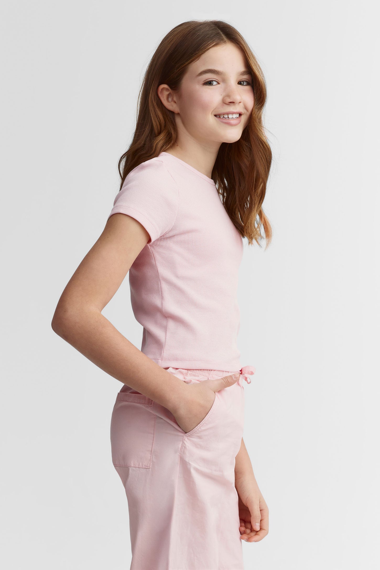 T-shirt côtelé col rond - Ado fille && BLANC