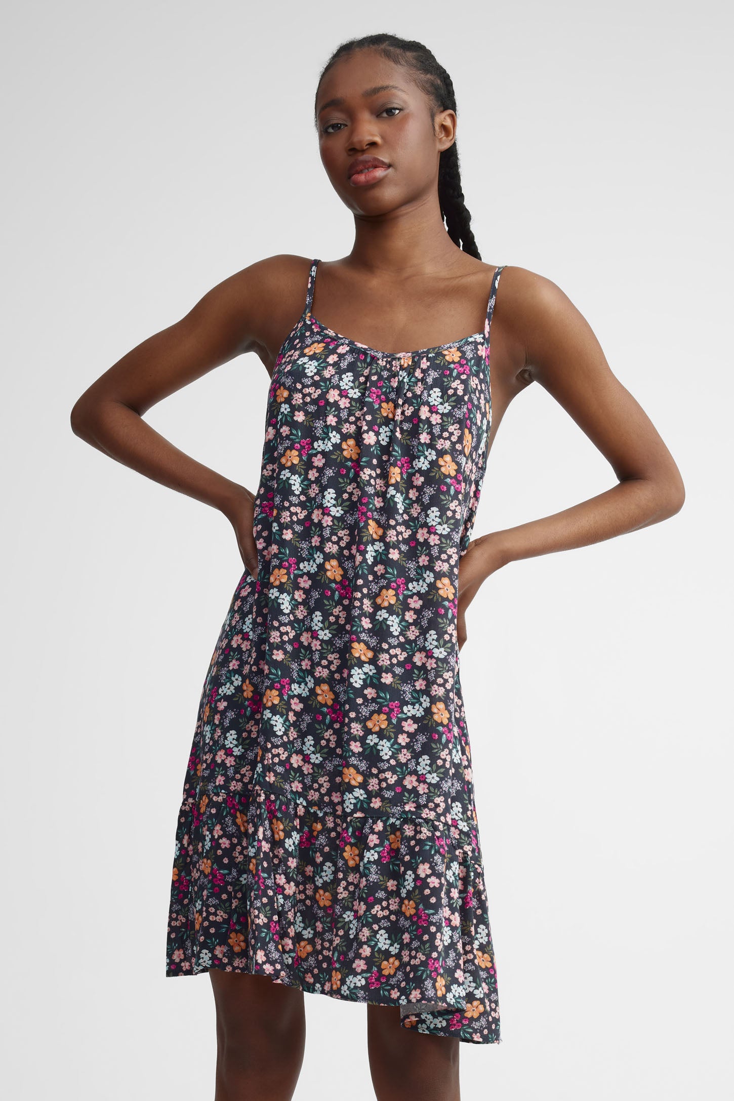 Robe courte à bretelles challis - Femme && GRIS MULTI