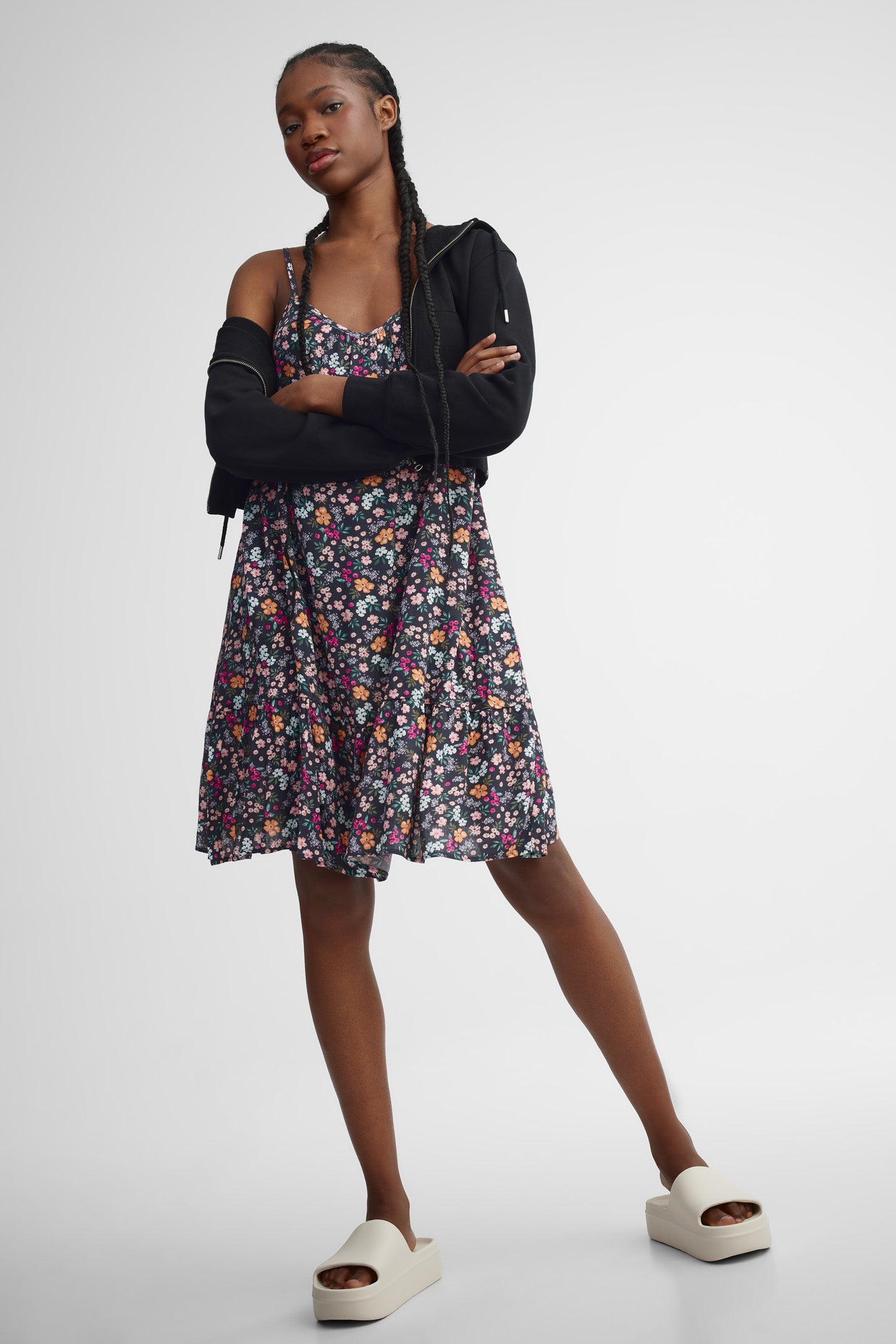 Robe courte à bretelles challis - Femme && GRIS MULTI