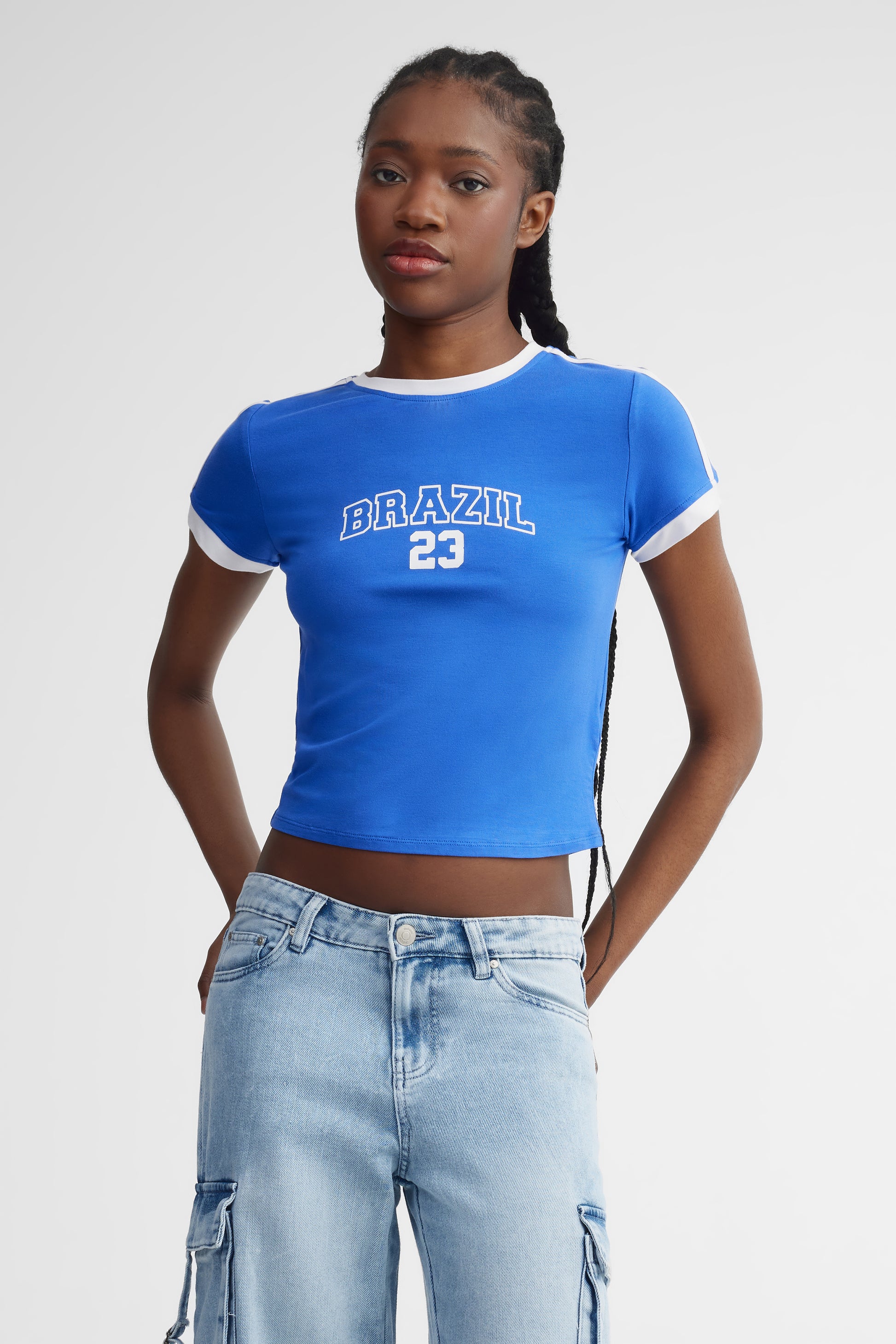 T-shirt écourté col rond - Femme && BLEU