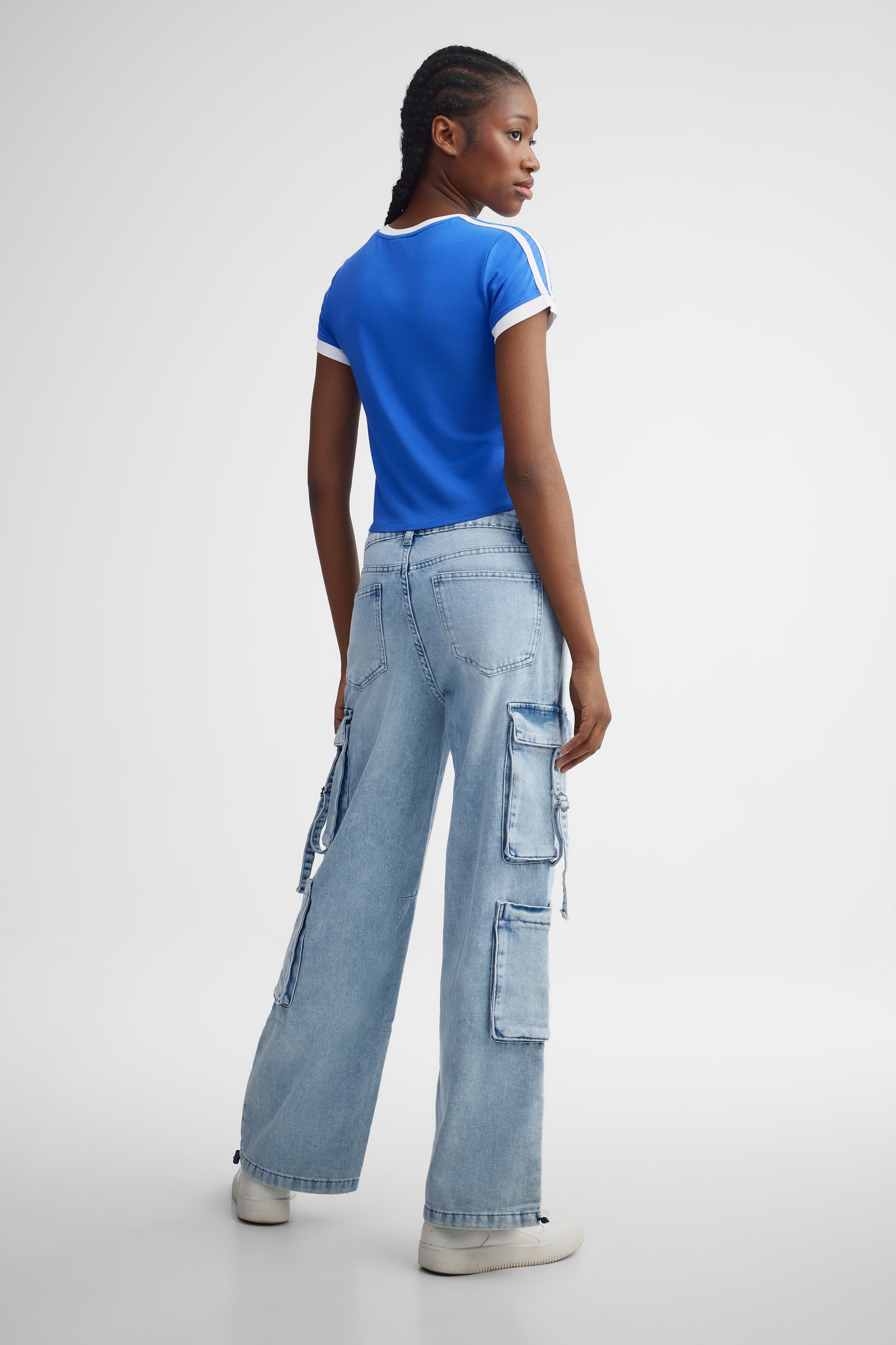 T-shirt écourté col rond - Femme && BLEU