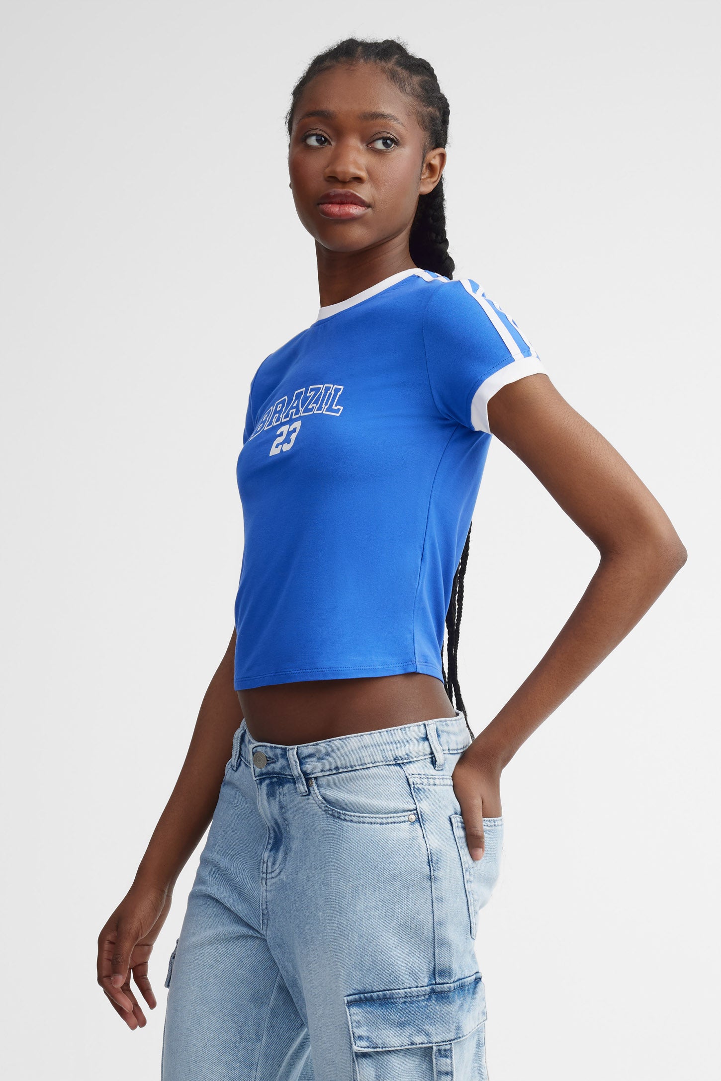 T-shirt écourté col rond - Femme && BLEU