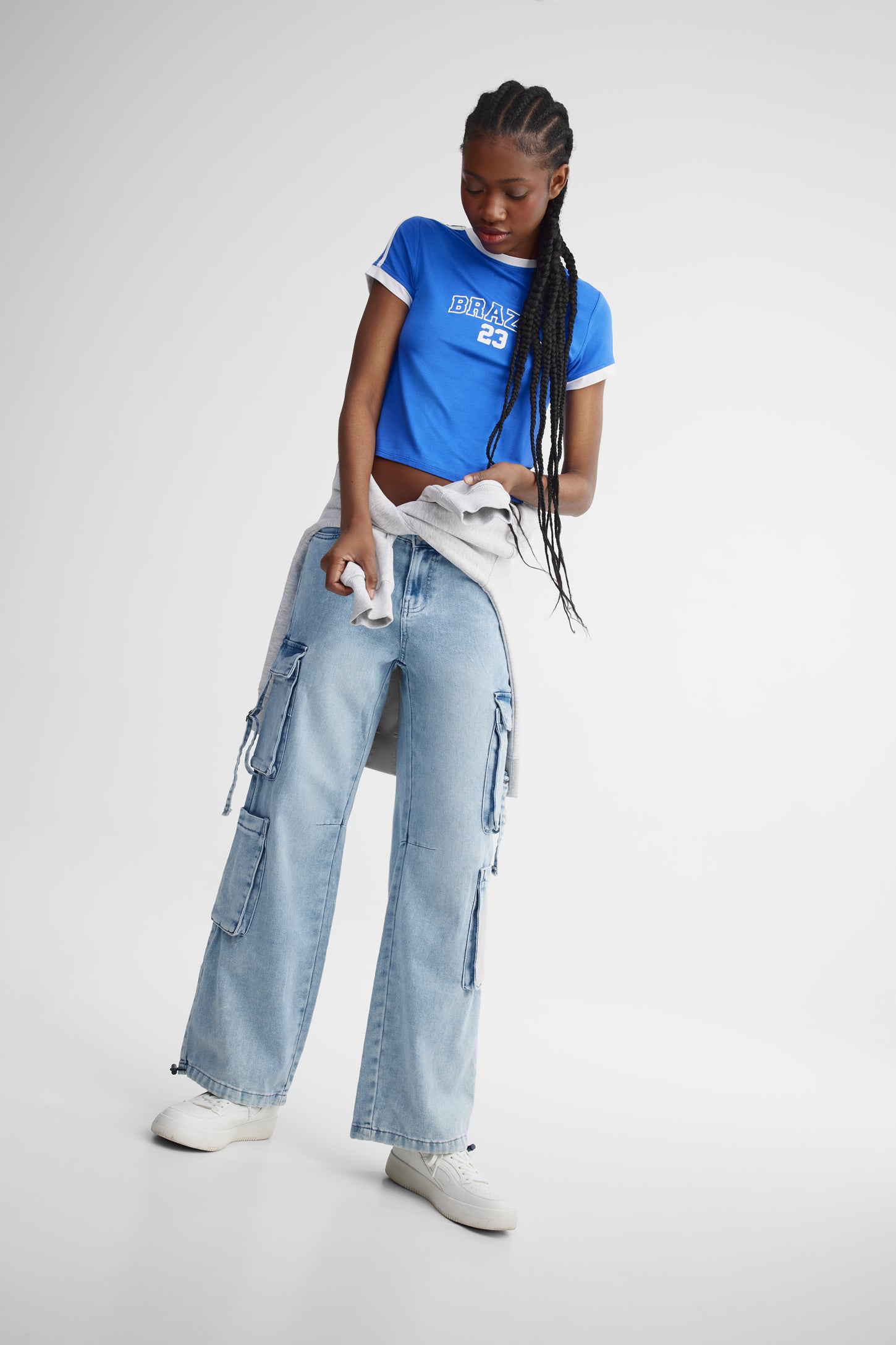 T-shirt écourté col rond - Femme && BLEU