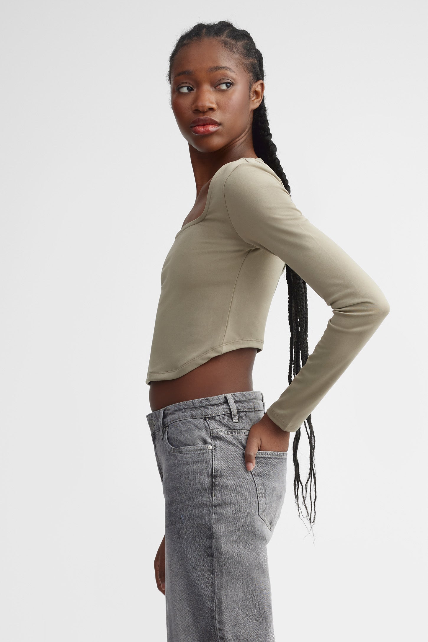 Chandail col carré coupe ajustée - Femme && KAKI