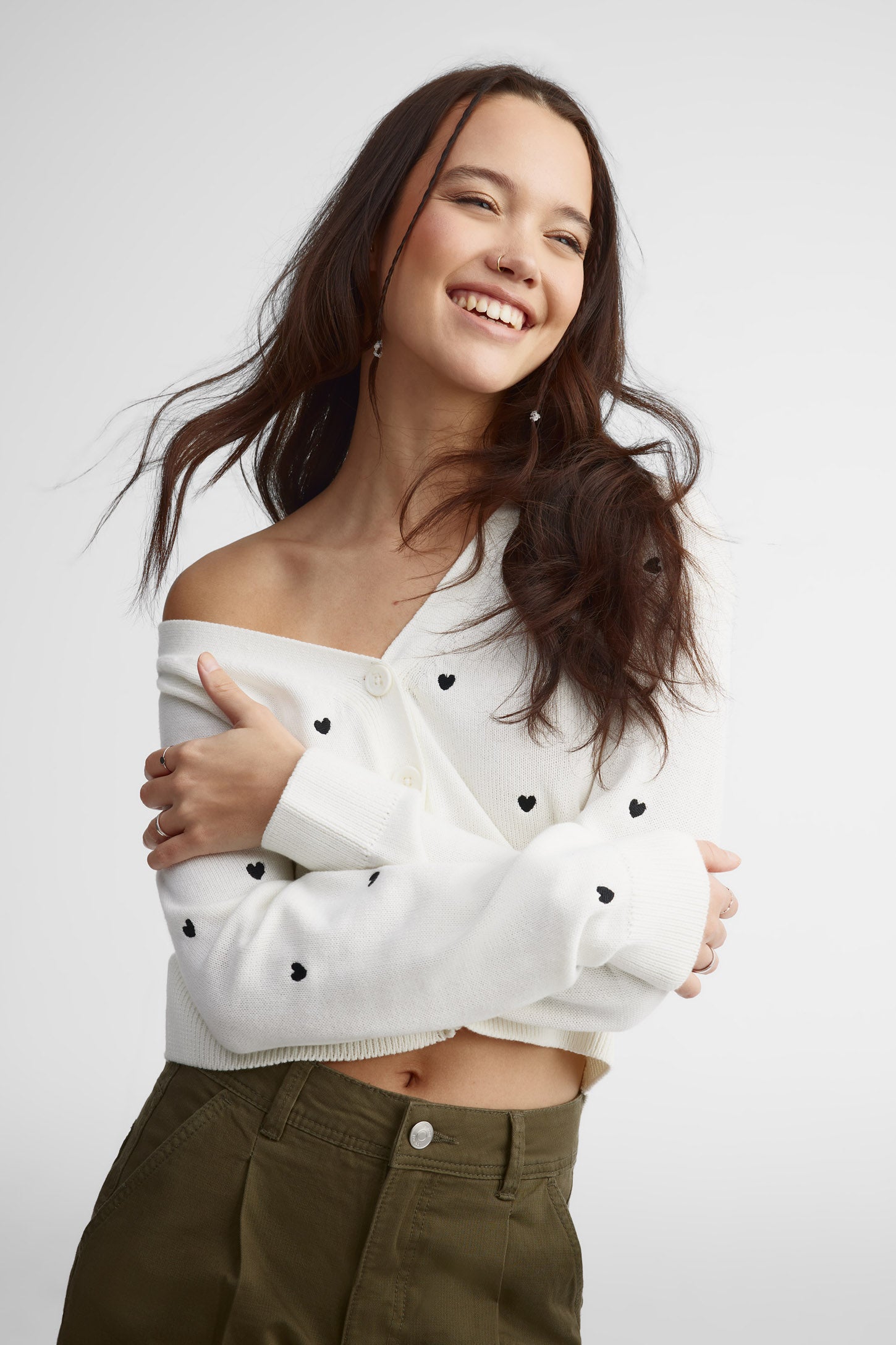 Cardigan tricot cœurs brodés - Femme && IVOIRE/MULTI