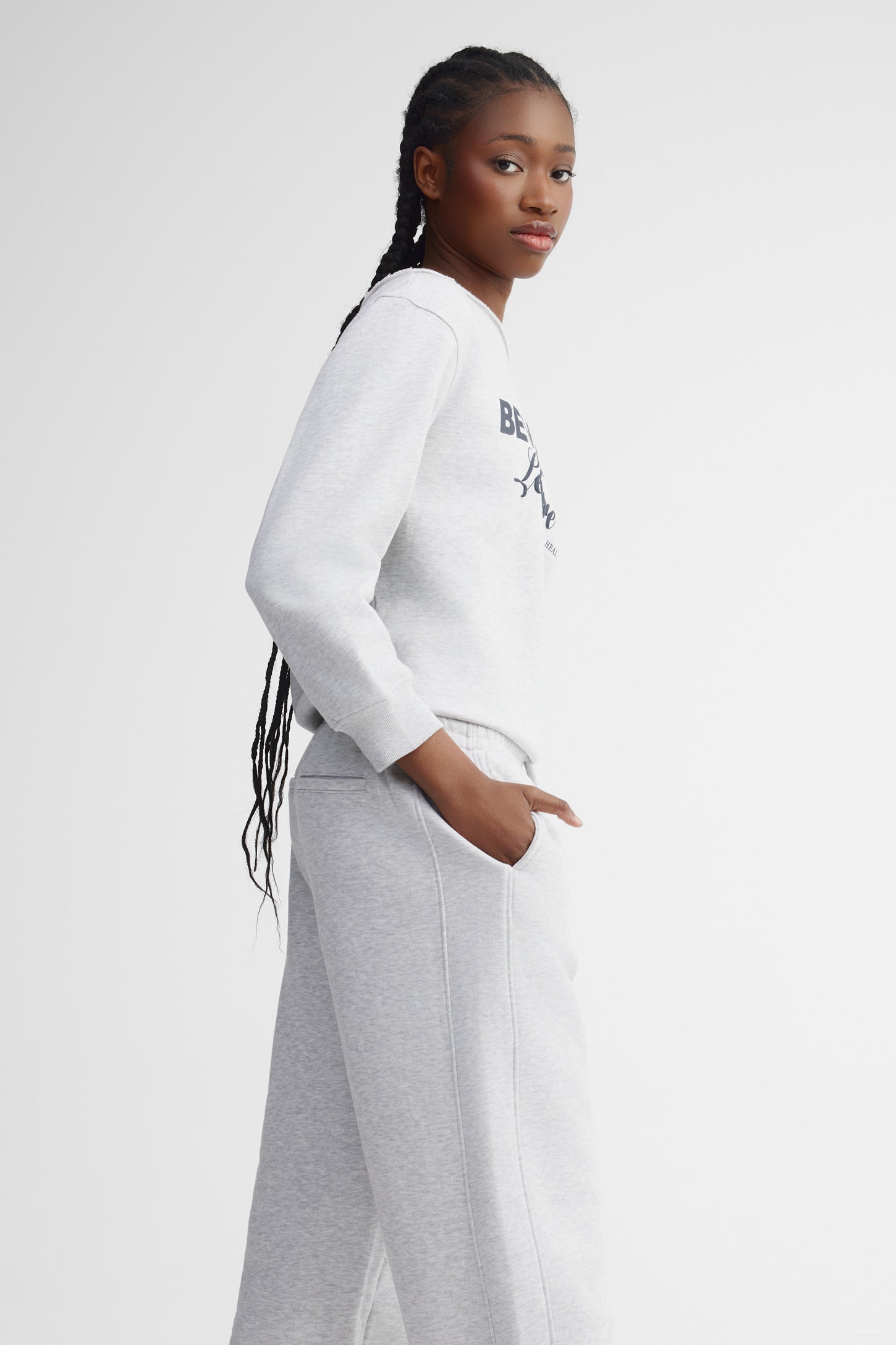 Pantalon taille haute coton ouaté - Femme && GRIS MIXTE