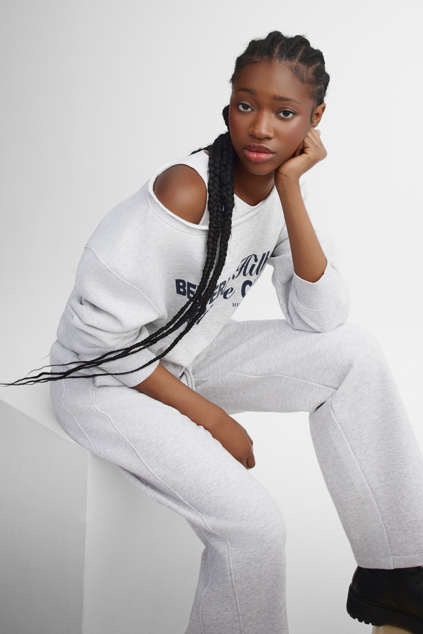 Pantalon taille haute coton ouaté - Femme && GRIS MIXTE