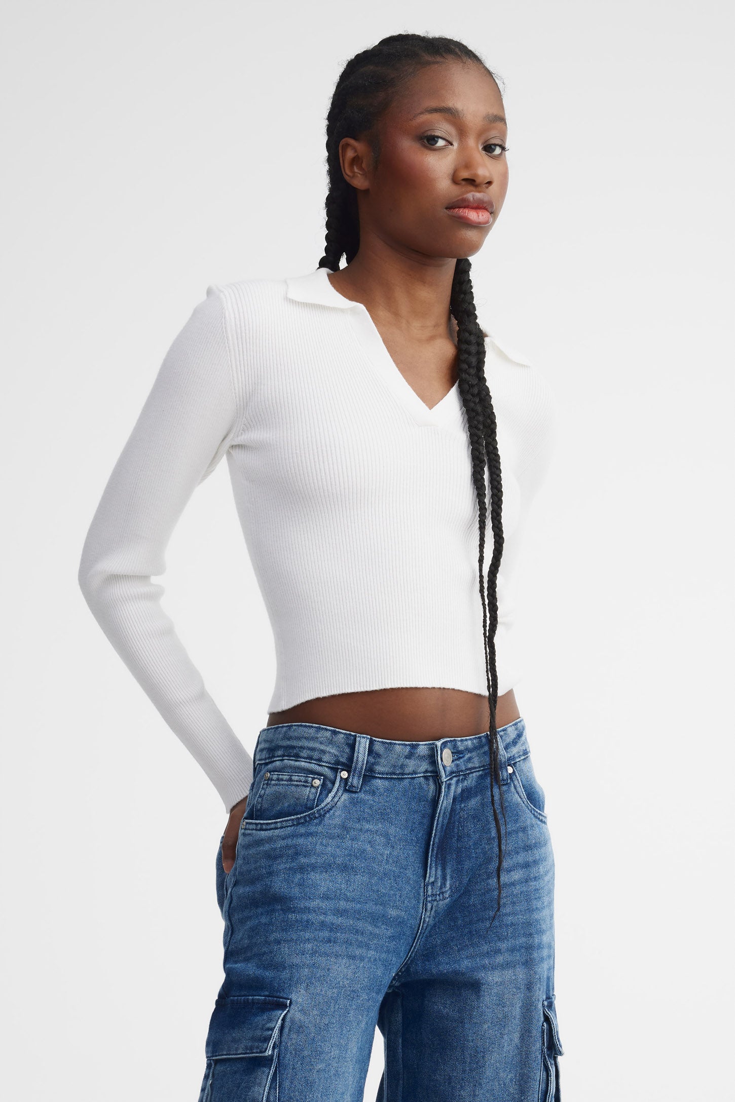 Polo manches longues côtelé - Femme && BLANC