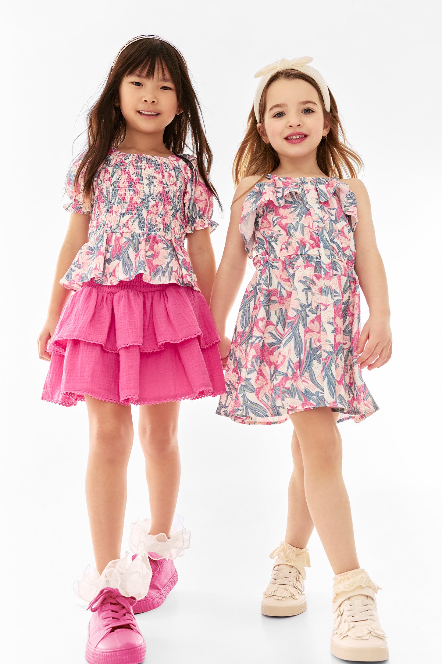 Jupe courte nid d'abeille volants étagés - Enfant fille && ROSE