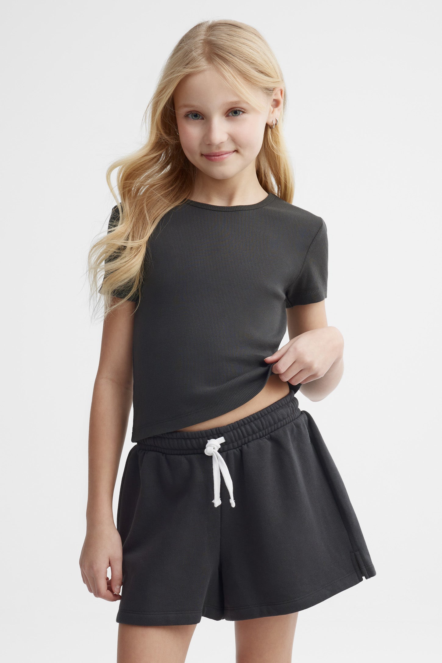 T-shirt côtelé écourté - Ado fille && NOIR