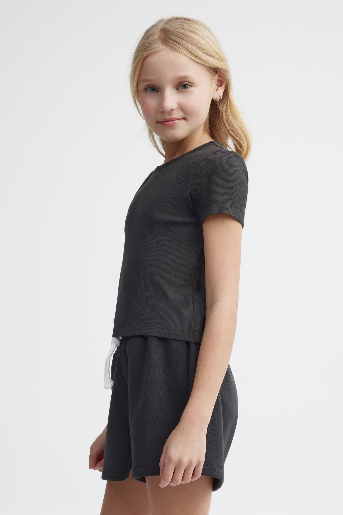T-shirt côtelé écourté - Ado fille && NOIR
