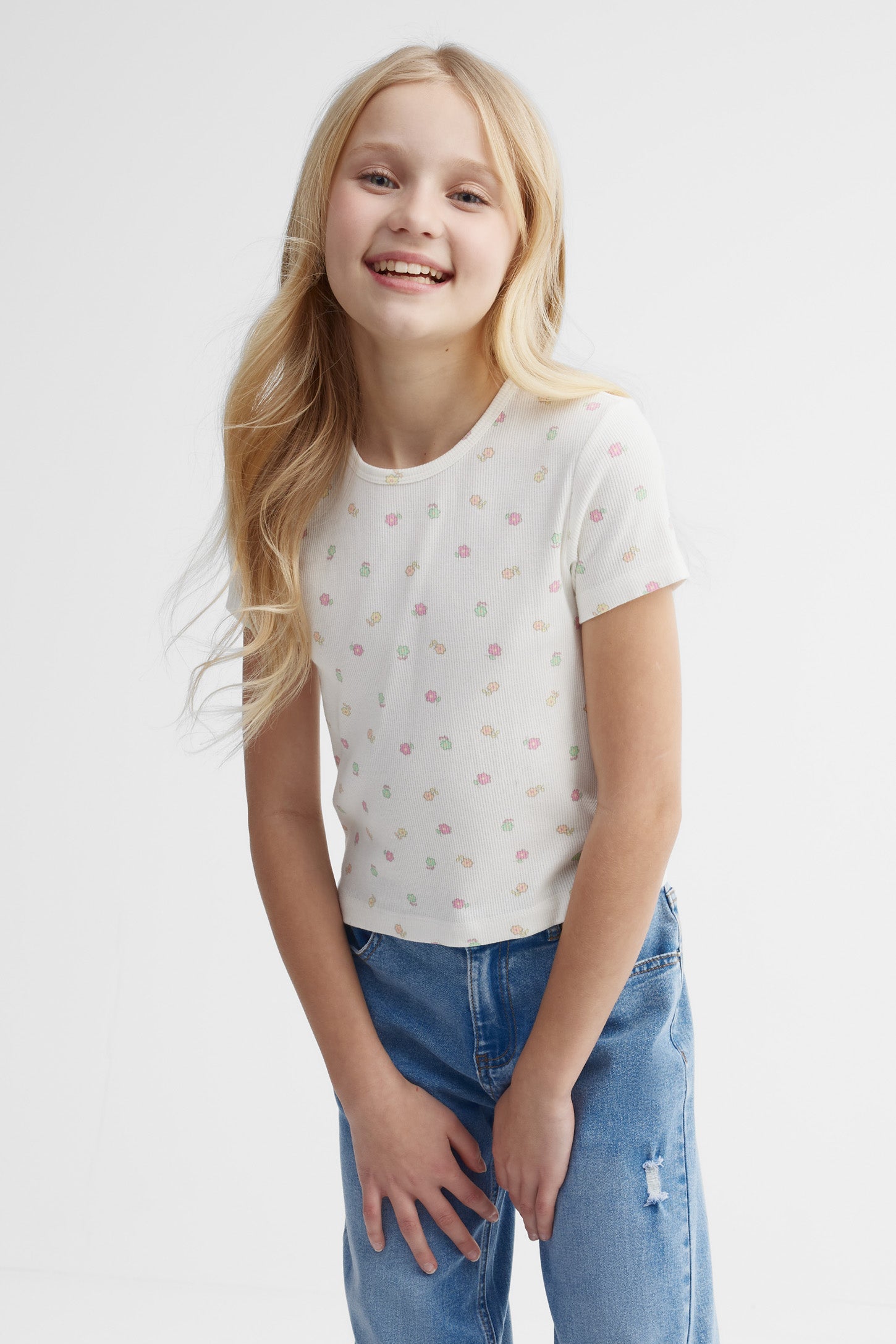 T-shirt côtelé écourté - Ado fille && BLANC MULTI