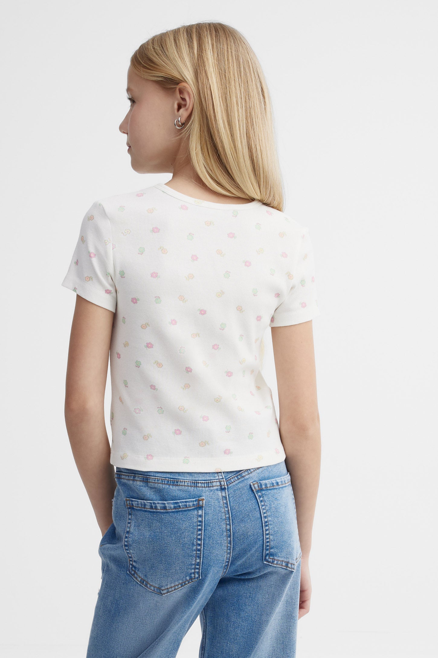 T-shirt côtelé écourté - Ado fille && BLANC MULTI