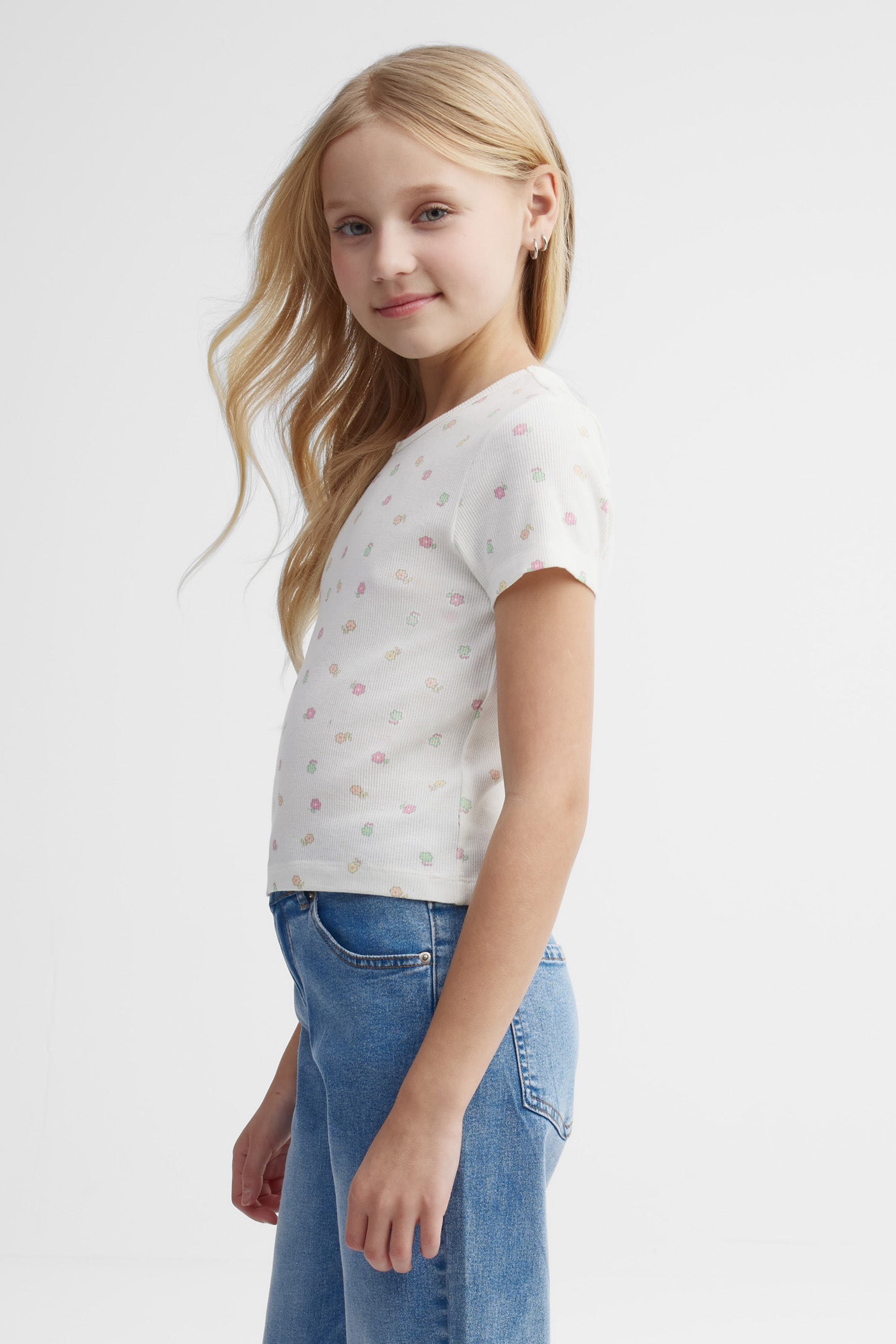 T-shirt côtelé écourté - Ado fille && BLANC MULTI