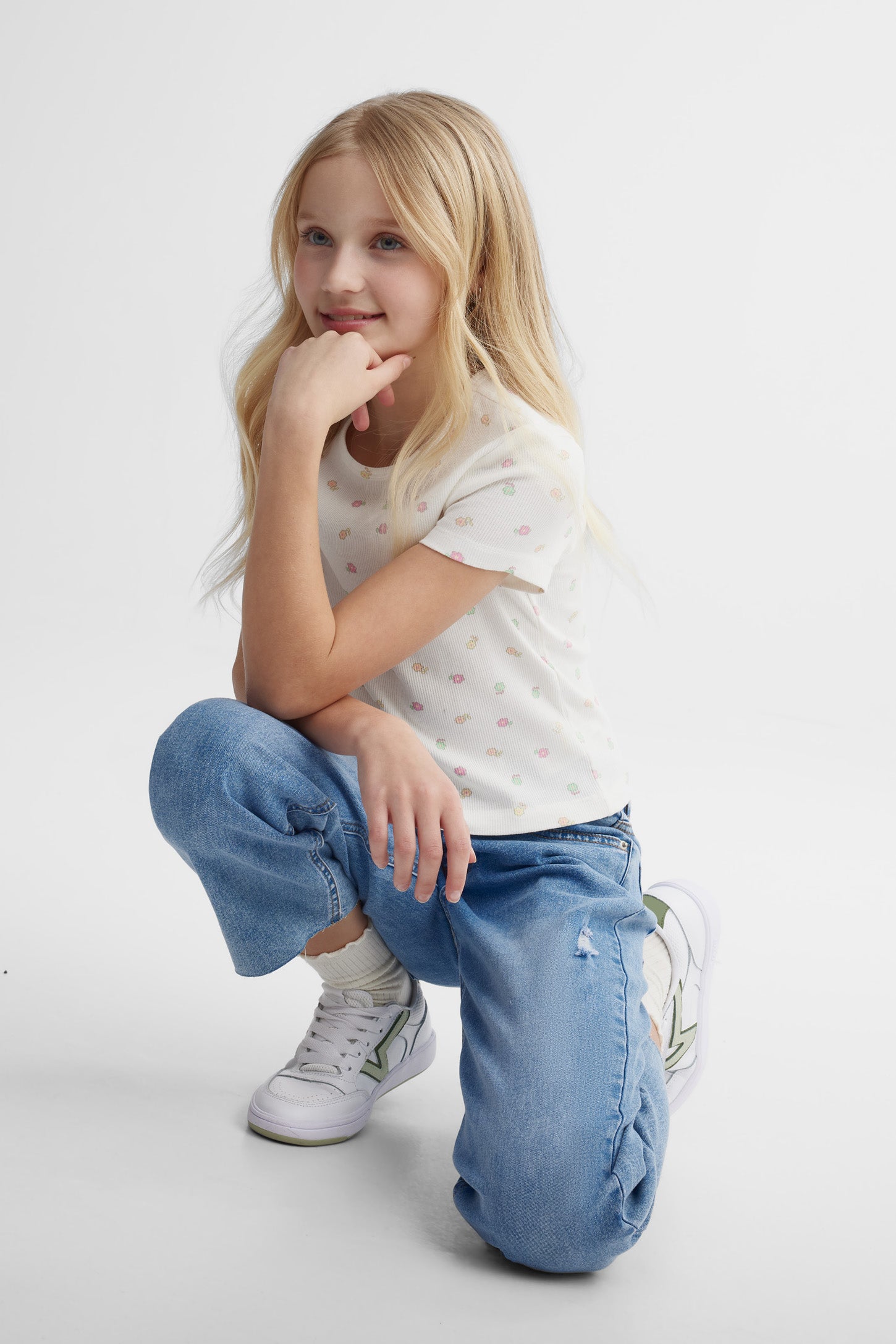 T-shirt côtelé écourté - Ado fille && BLANC MULTI