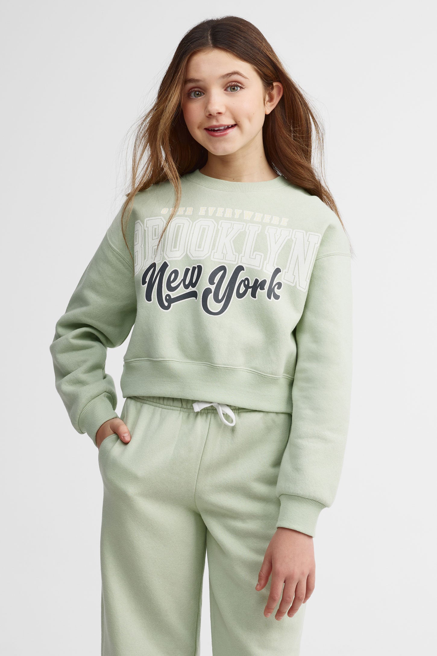 Chandail col rond coton ouaté - Ado fille && VERT