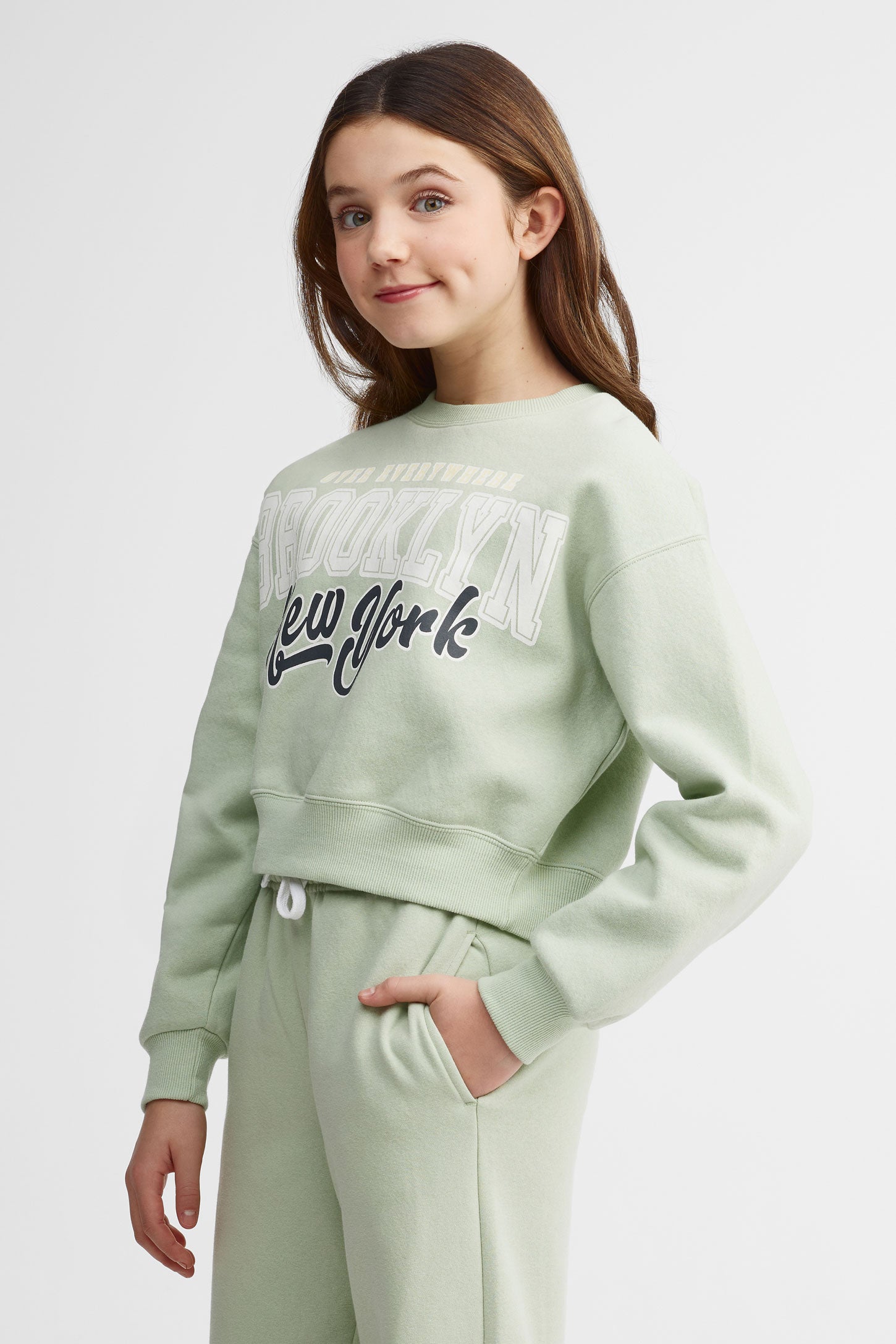 Chandail col rond coton ouaté - Ado fille && VERT