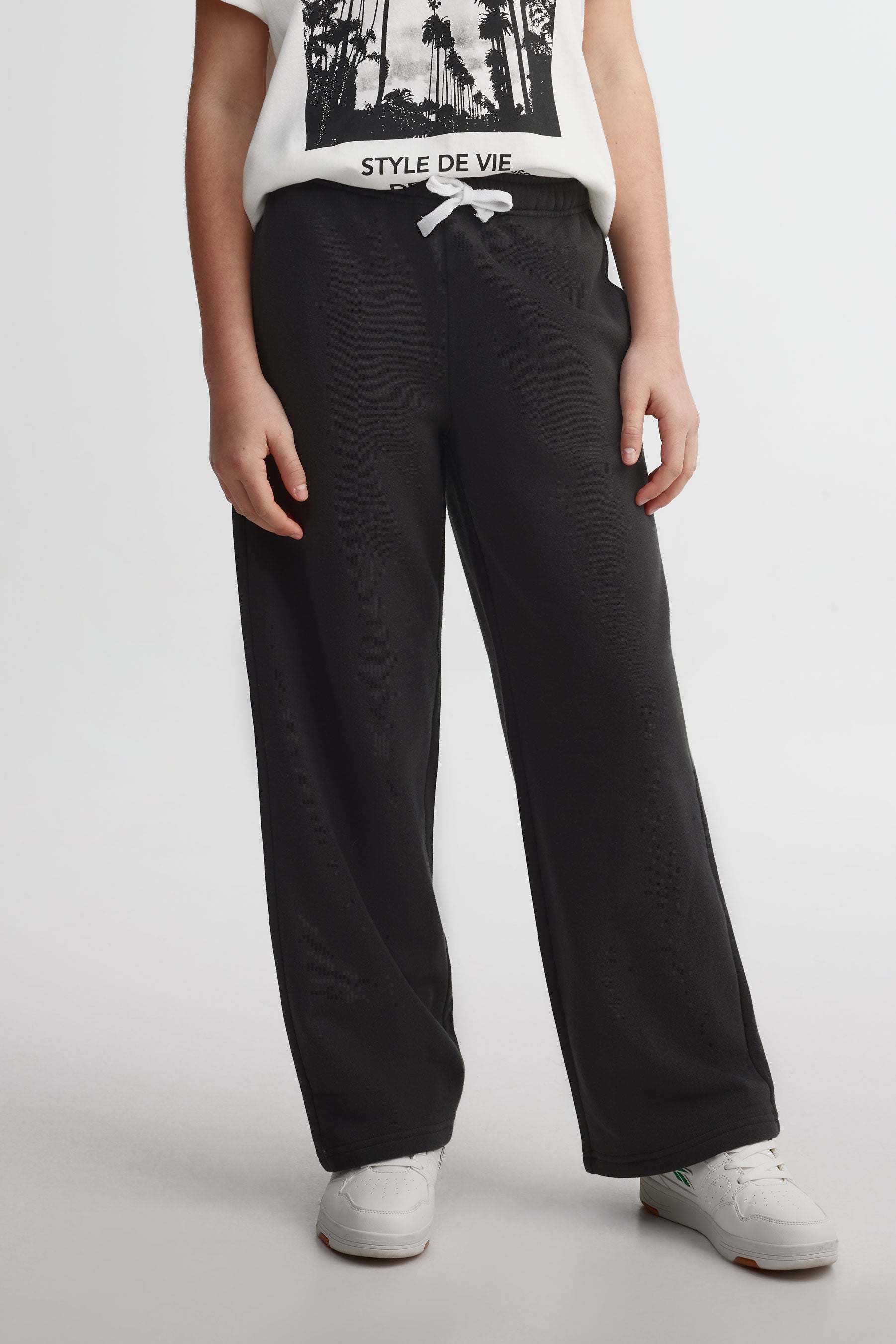 Pantalon jambe large coton ouaté - Ado fille && NOIR