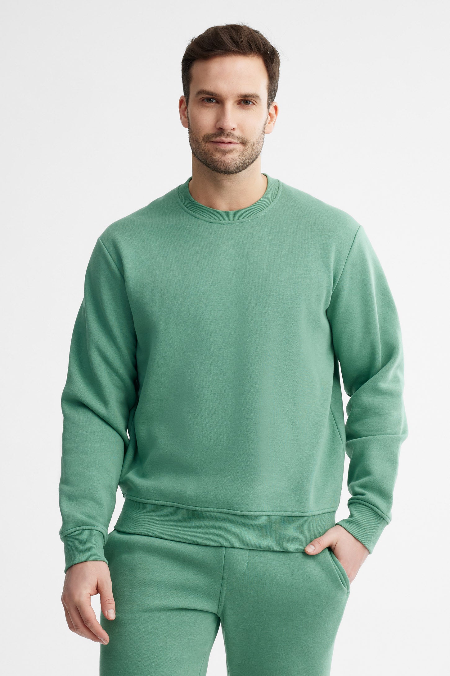 Chandail col rond coton ouaté - Homme && VERT