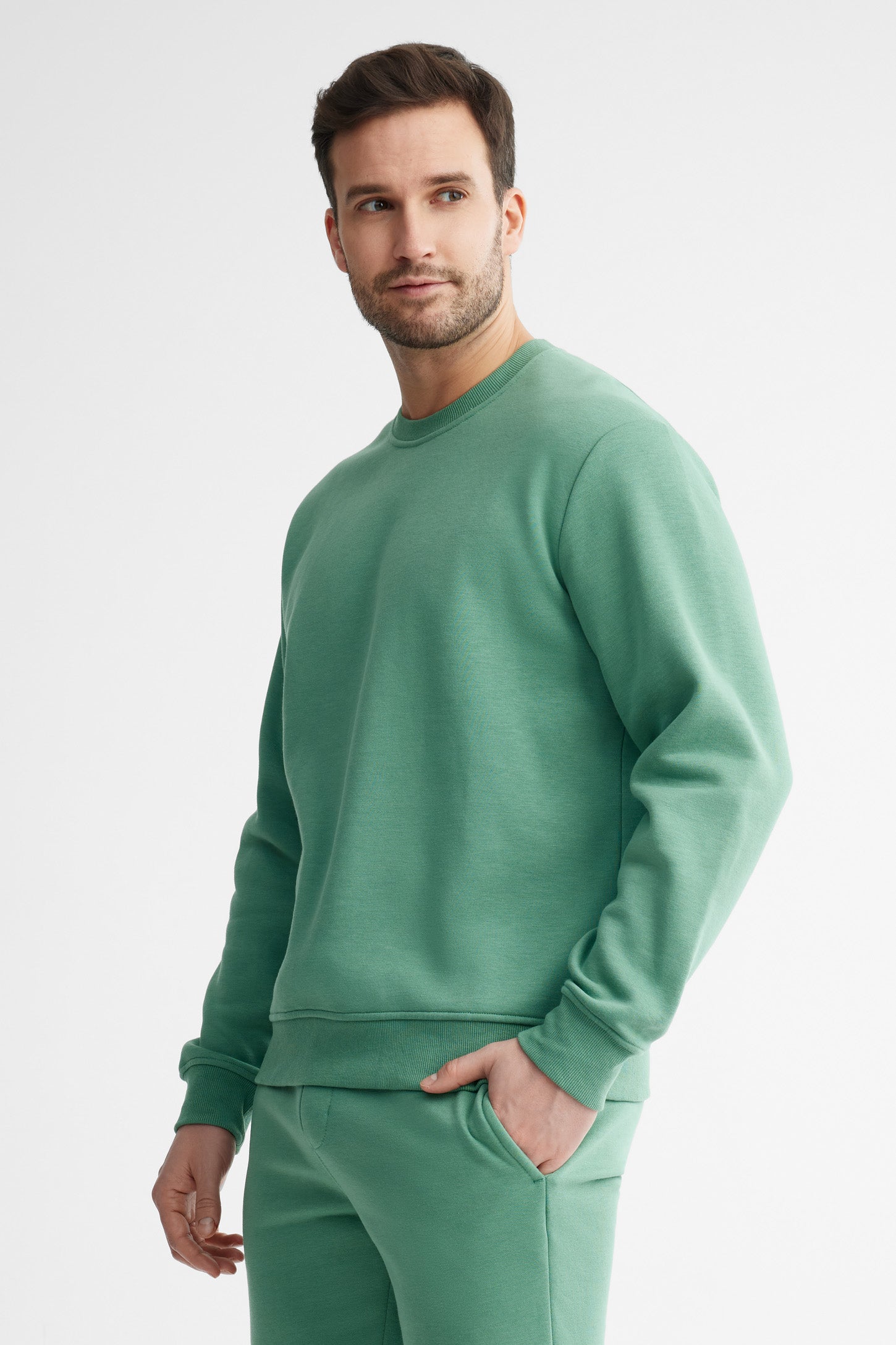 Chandail col rond coton ouaté - Homme && VERT