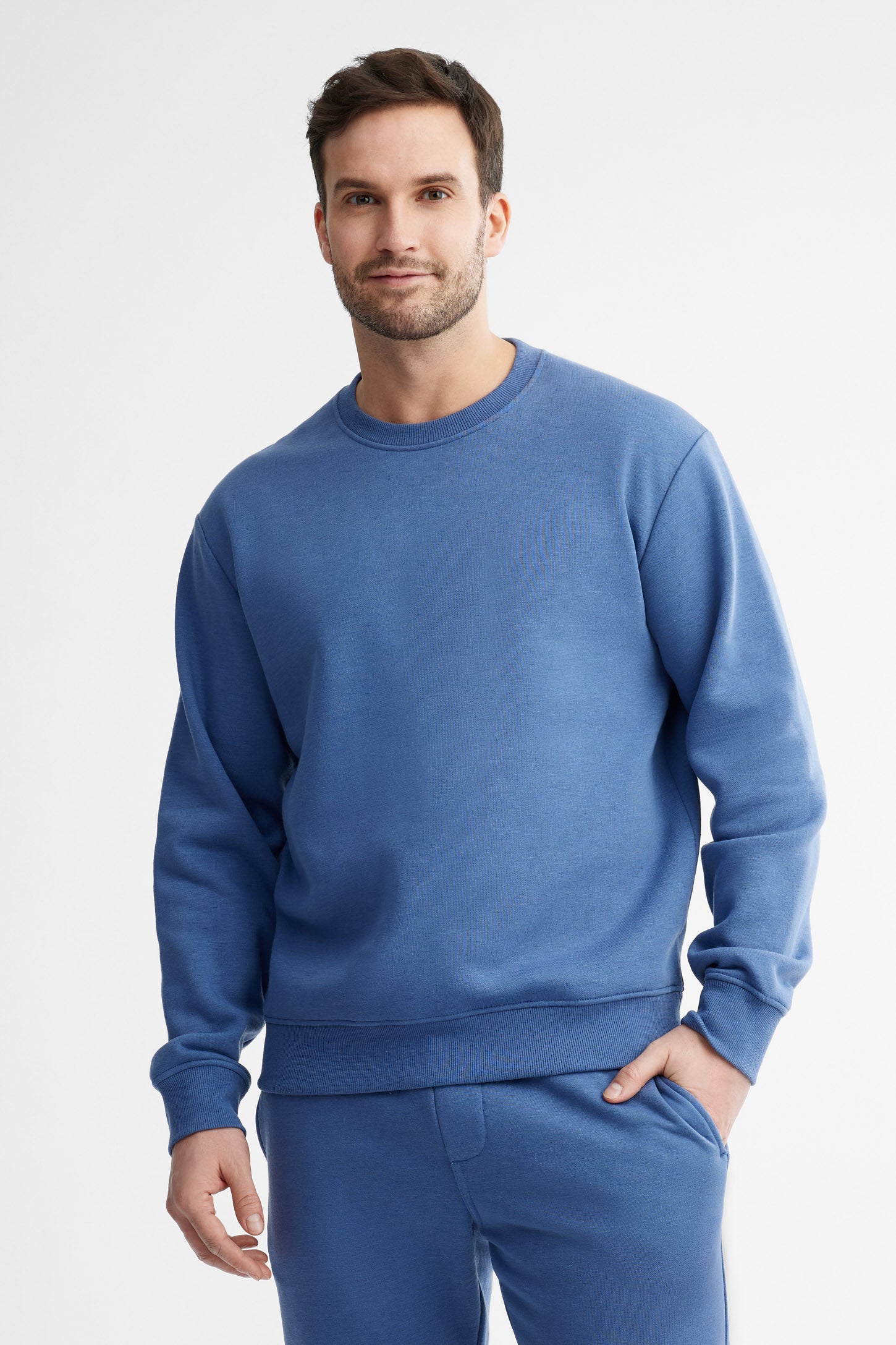 Chandail col rond coton ouaté - Homme && BLEU