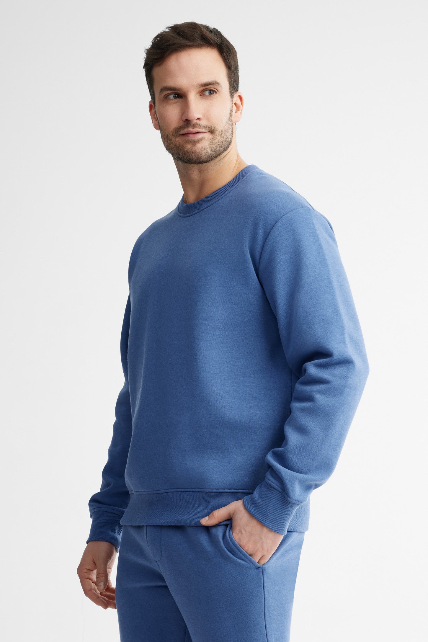 Chandail col rond coton ouaté - Homme && BLEU