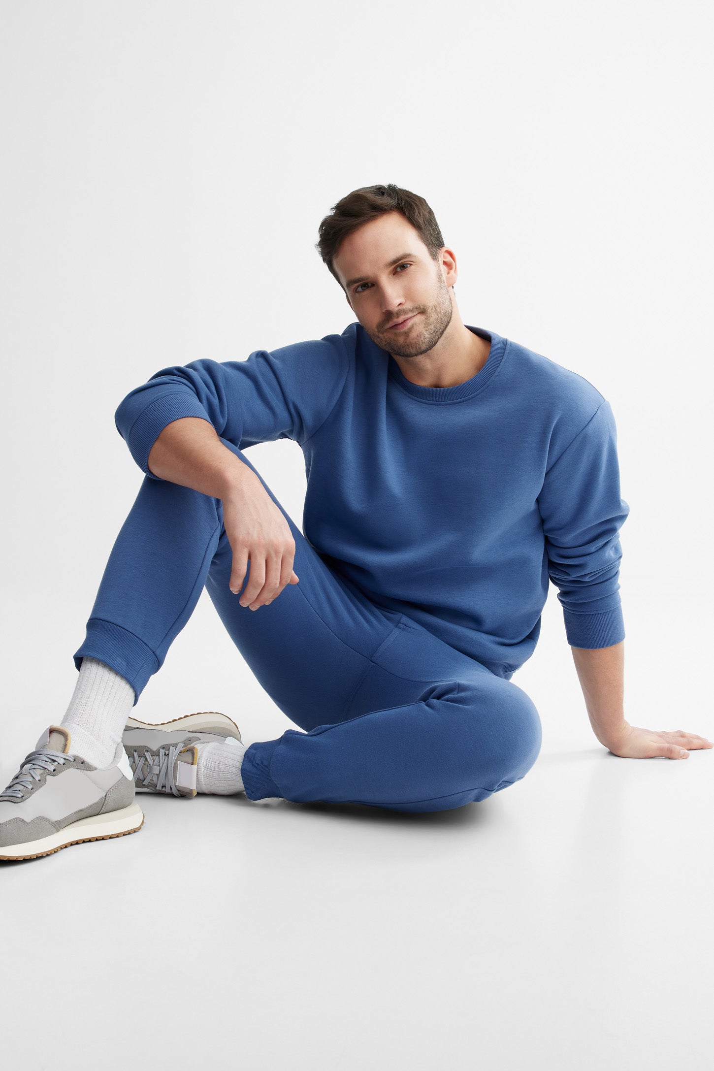Chandail col rond coton ouaté - Homme && BLEU
