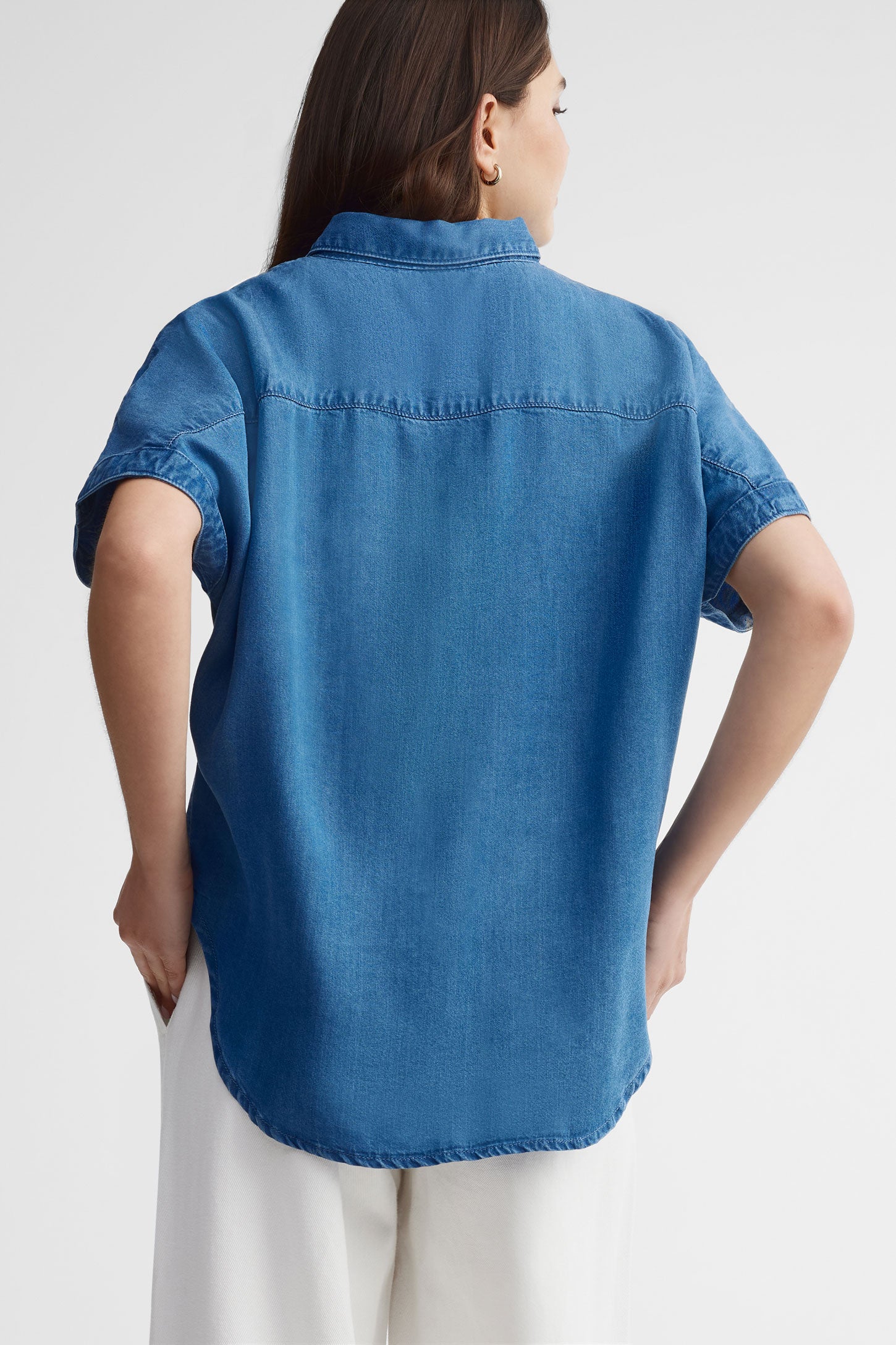 Chemisier manches courtes en lyocell - Femme && BLEU FONCE